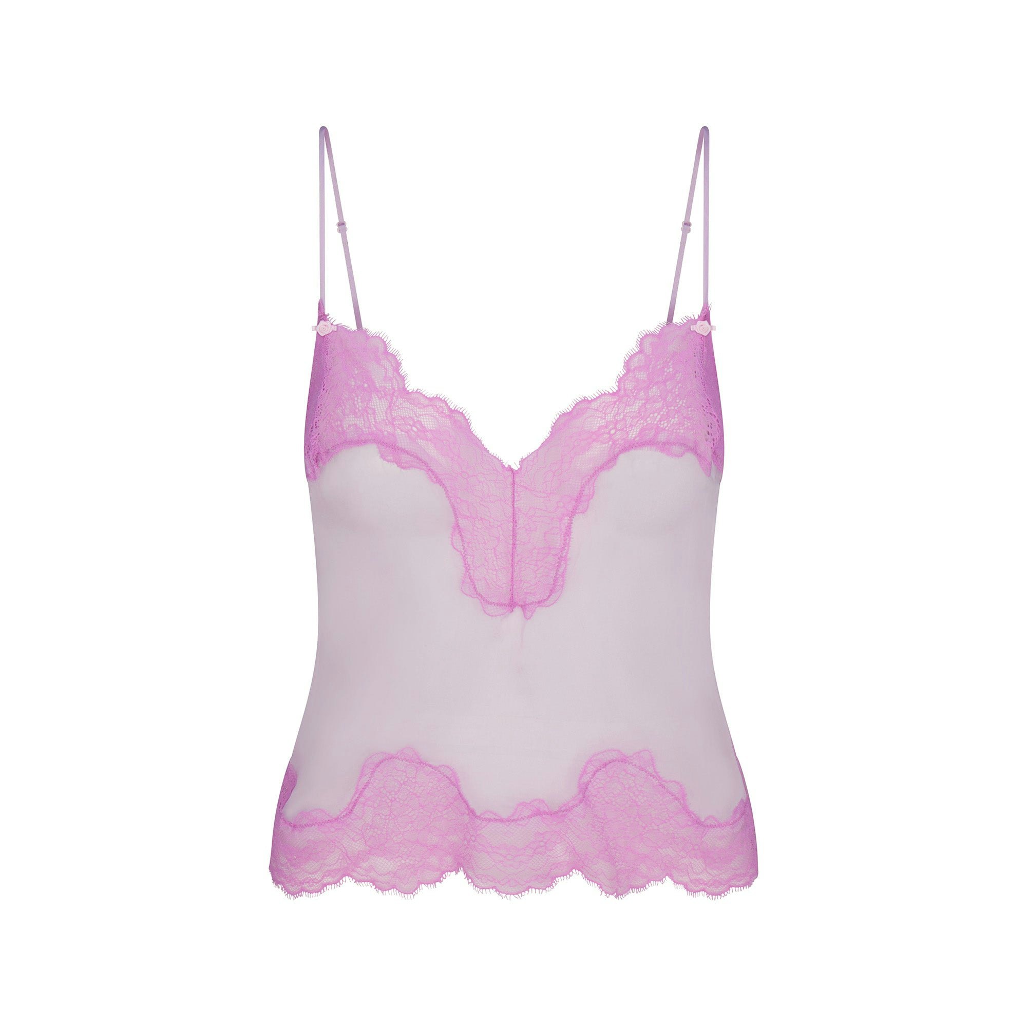 SKIMS ROMANCE LACE CAMI AND SHORT SET | SUGAR PLUM ON A MODEL FRONT VIEW