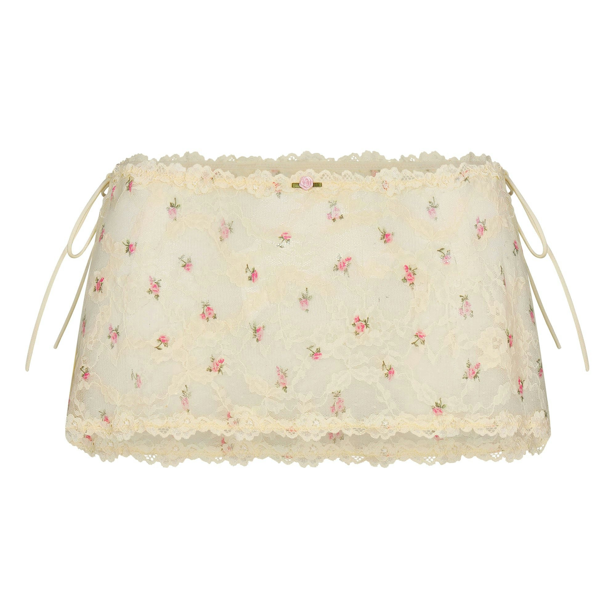 STRETCH LACE TIE SIDE MINI SKIRT | BUTTER ROSEBUD PRINT FLAT ON A WHITE BACKGROUND | FLT