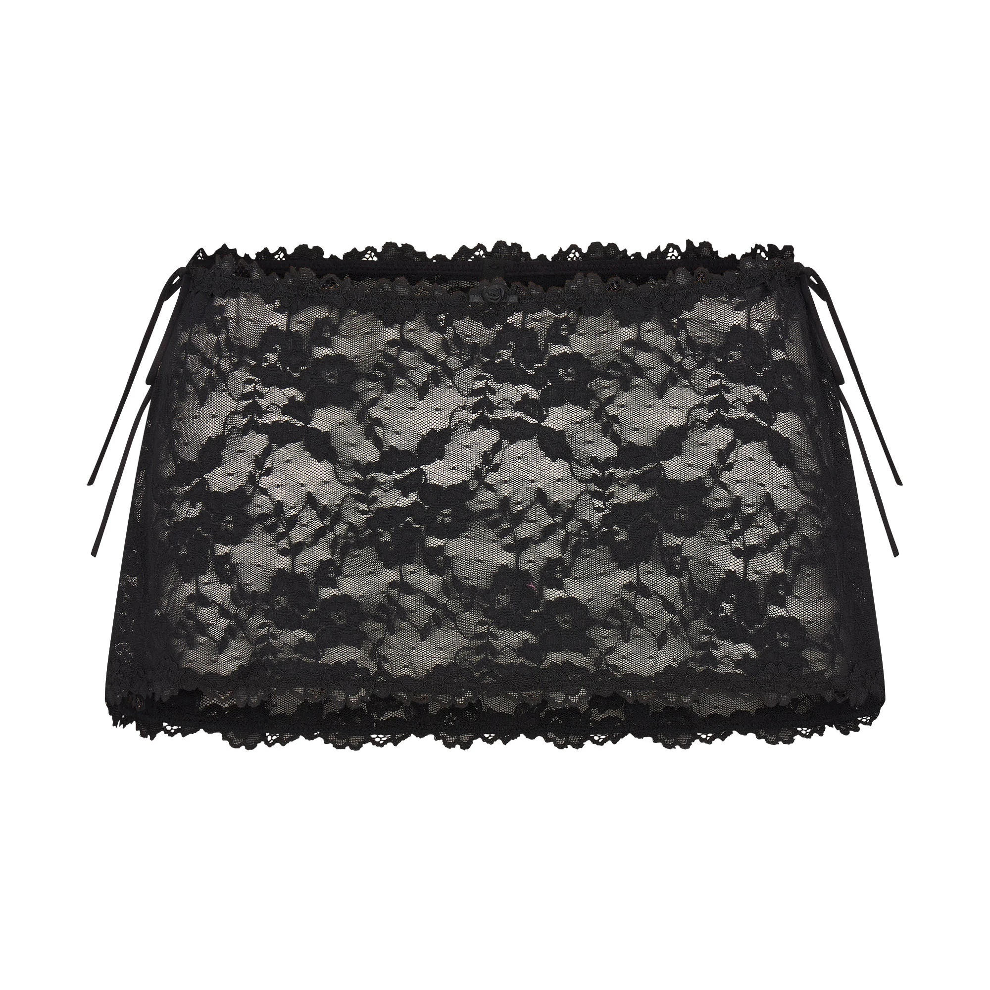 STRETCH LACE TIE SIDE MINI SKIRT | SOOT FLAT ON A WHITE BACKGROUND | FLT