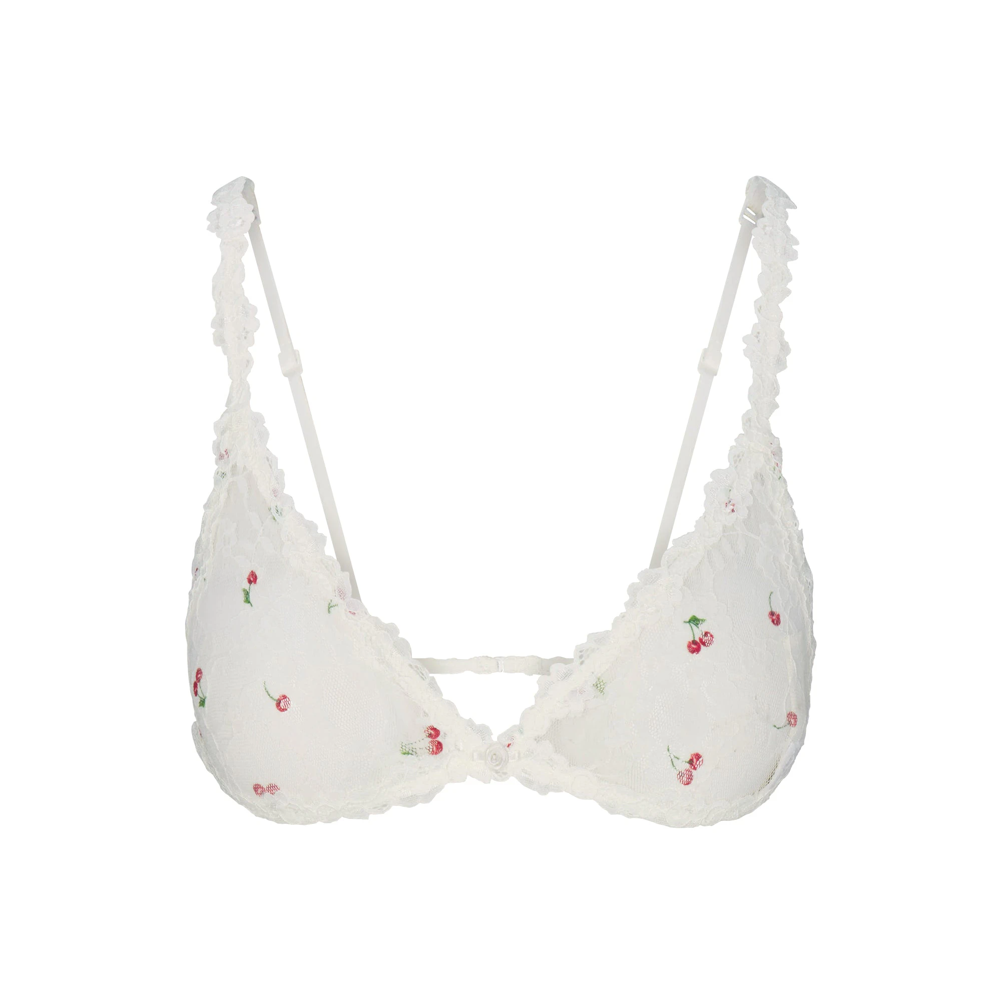 STRETCH LACE TRIANGLE BRALETTE | IVORY CHERRY PRINT FLAT ON A WHITE BACKGROUND | FLT