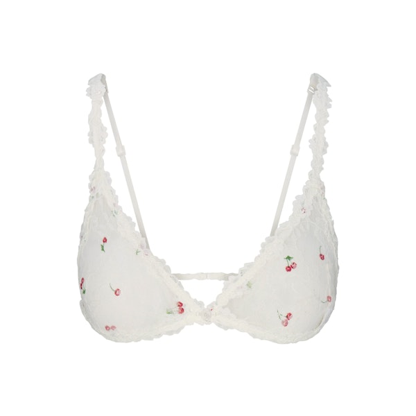 STRETCH LACE TRIANGLE BRALETTE | IVORY CHERRY PRINT FLAT ON A WHITE BACKGROUND | FLT