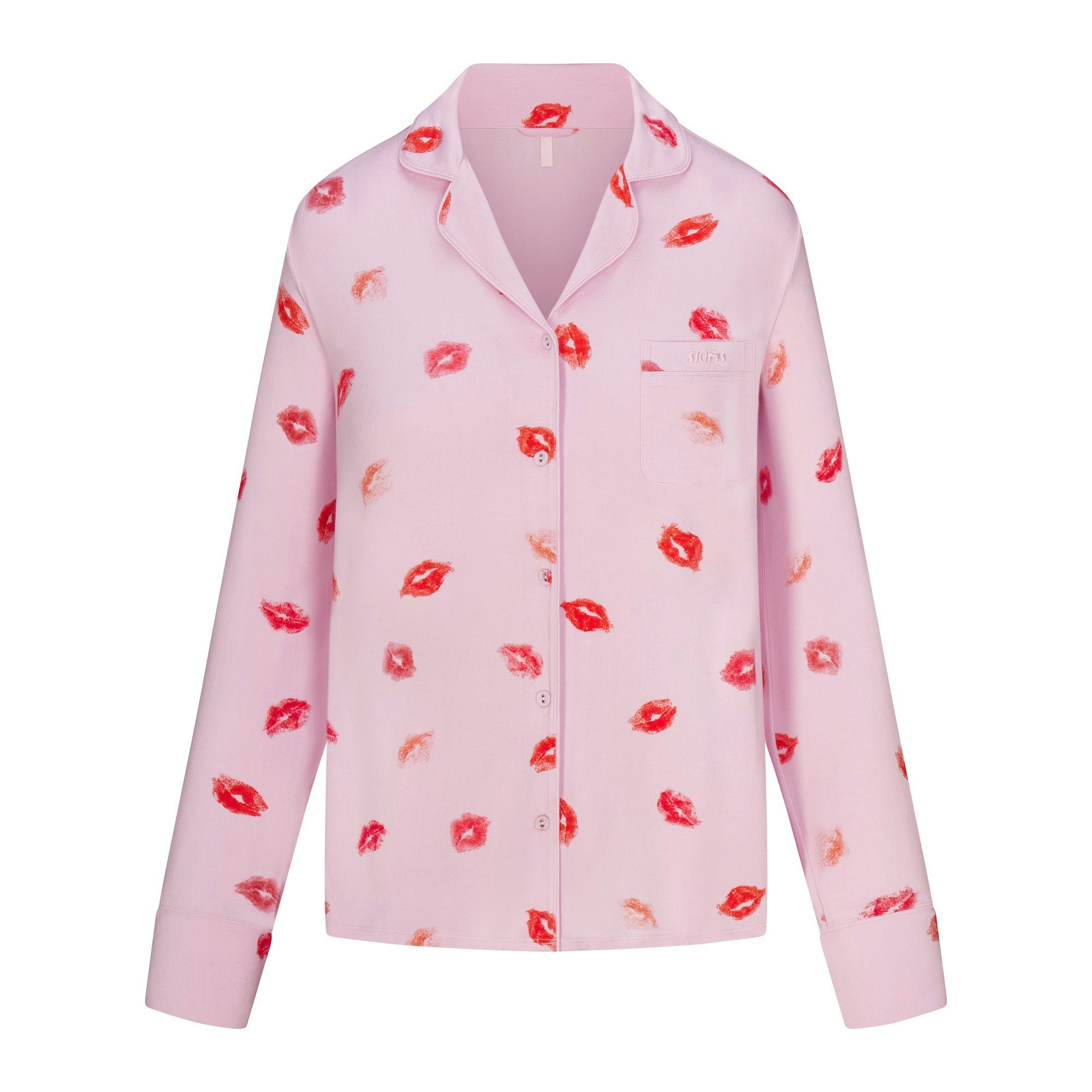 SKIMS SLEEP LONG SLEEVE BUTTON UP SET | CHERRY BLOSSOM LIPSTICK ADDITIONAL FABRIC DETAILS