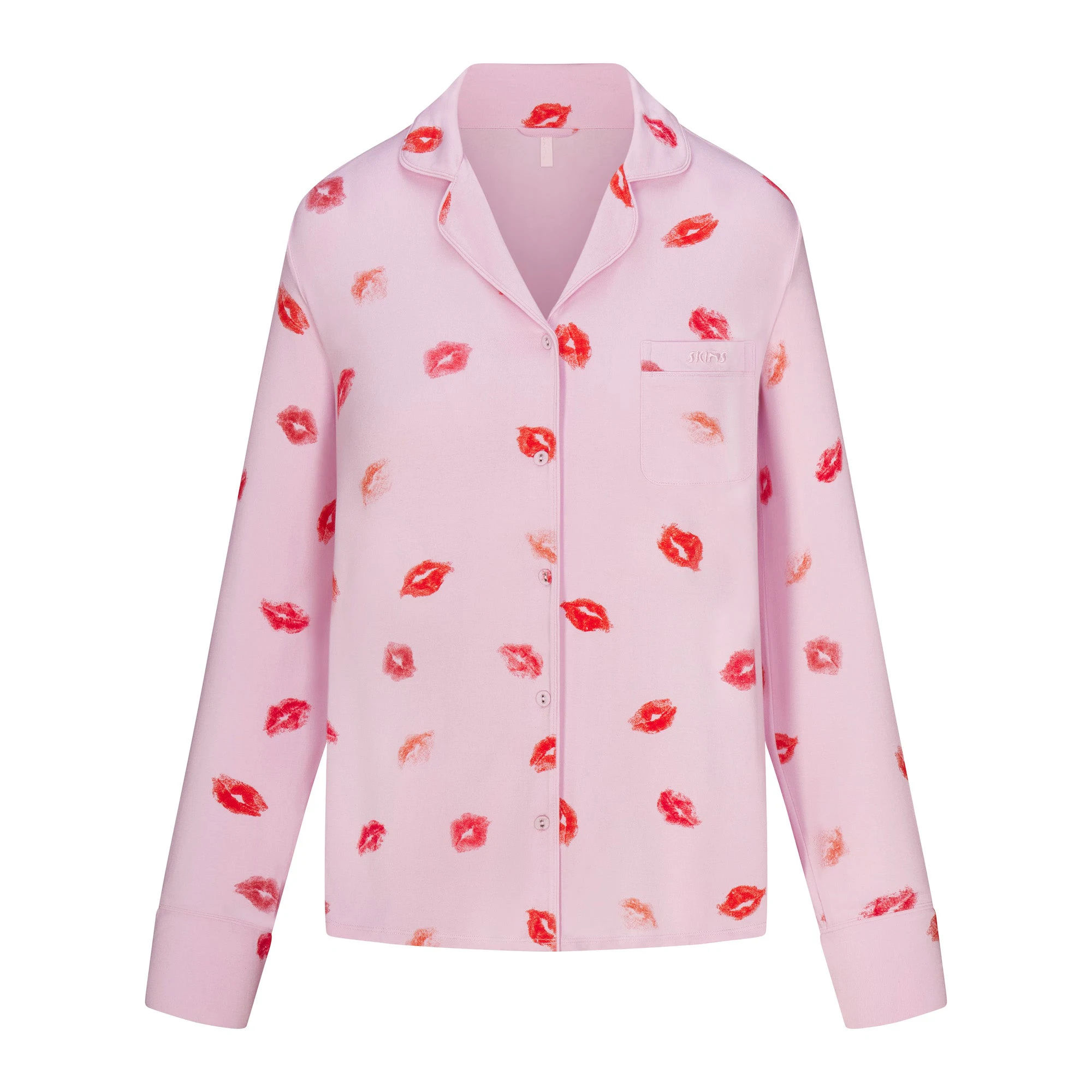 SKIMS SLEEP LONG SLEEVE BUTTON UP SET | CHERRY BLOSSOM LIPSTICK ADDITIONAL FABRIC DETAILS