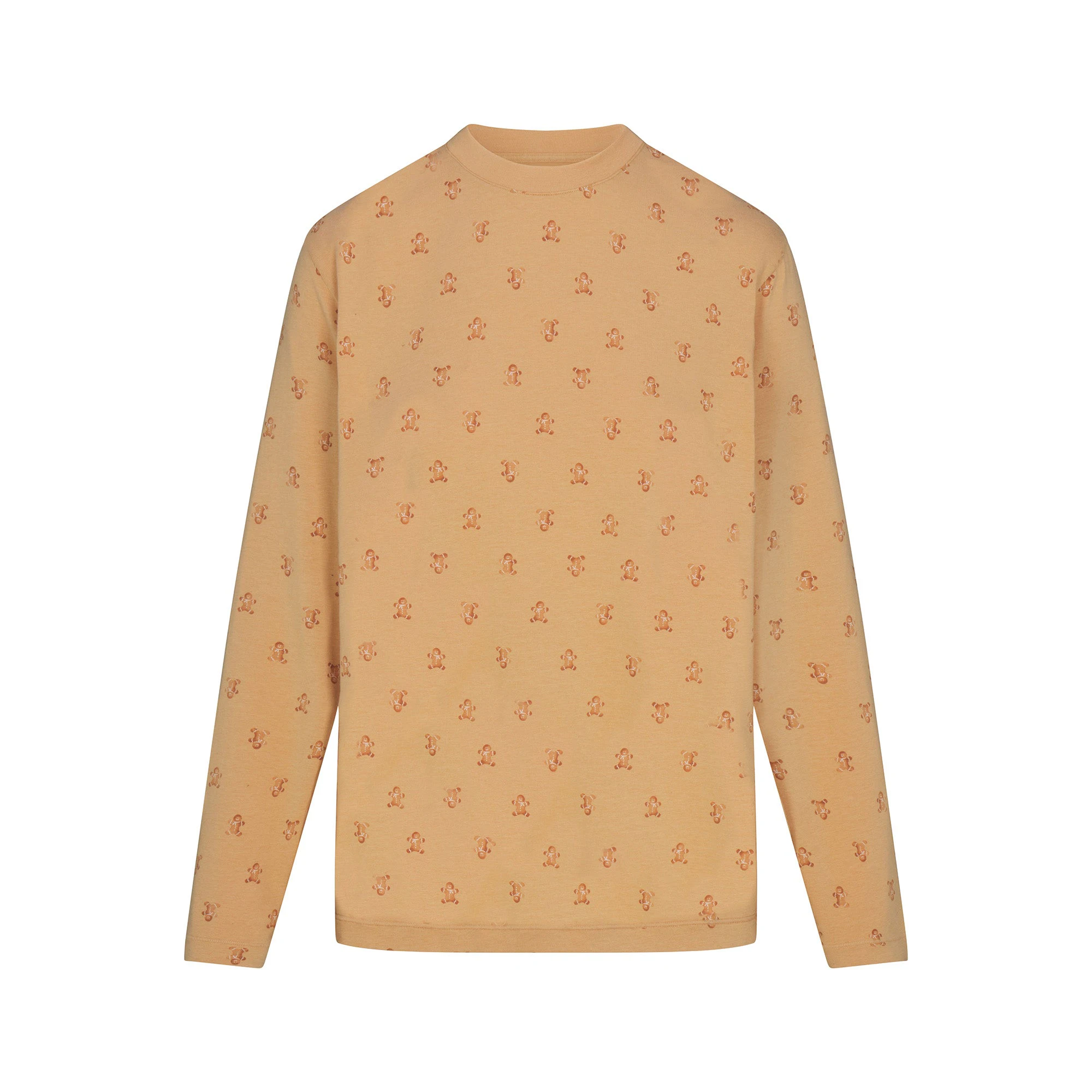 BOYFRIEND LONG SLEEVE T-SHIRT AND LOOSE PANT SET | CARAMEL GINGERBREAD PRINT ON A MODEL FRONT VIEW