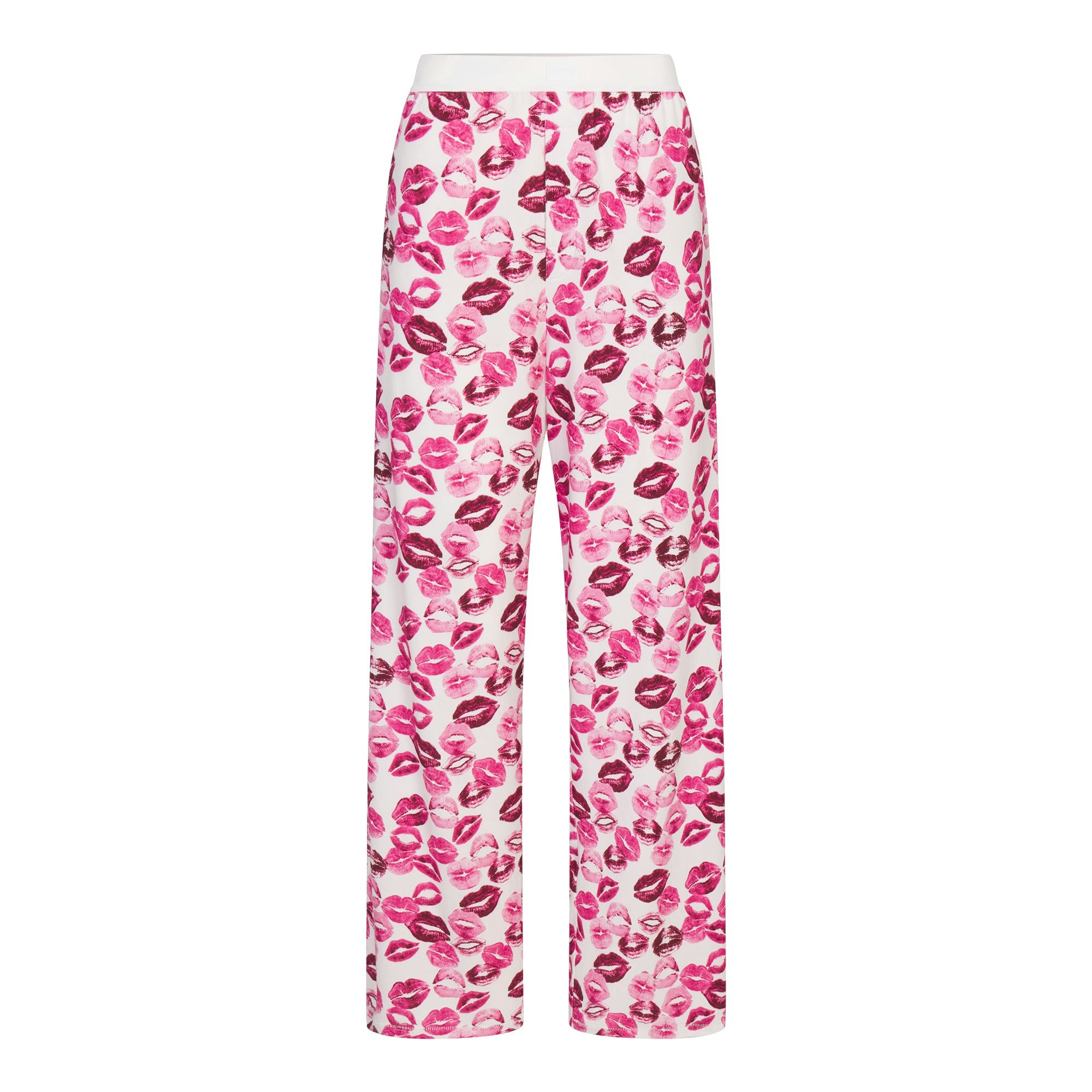 BOYFRIEND LONG SLEEVE T-SHIRT AND LOOSE PANT SET | PINK ALLOVER LIPSTICK FLAT ON A WHITE BACKGROUND