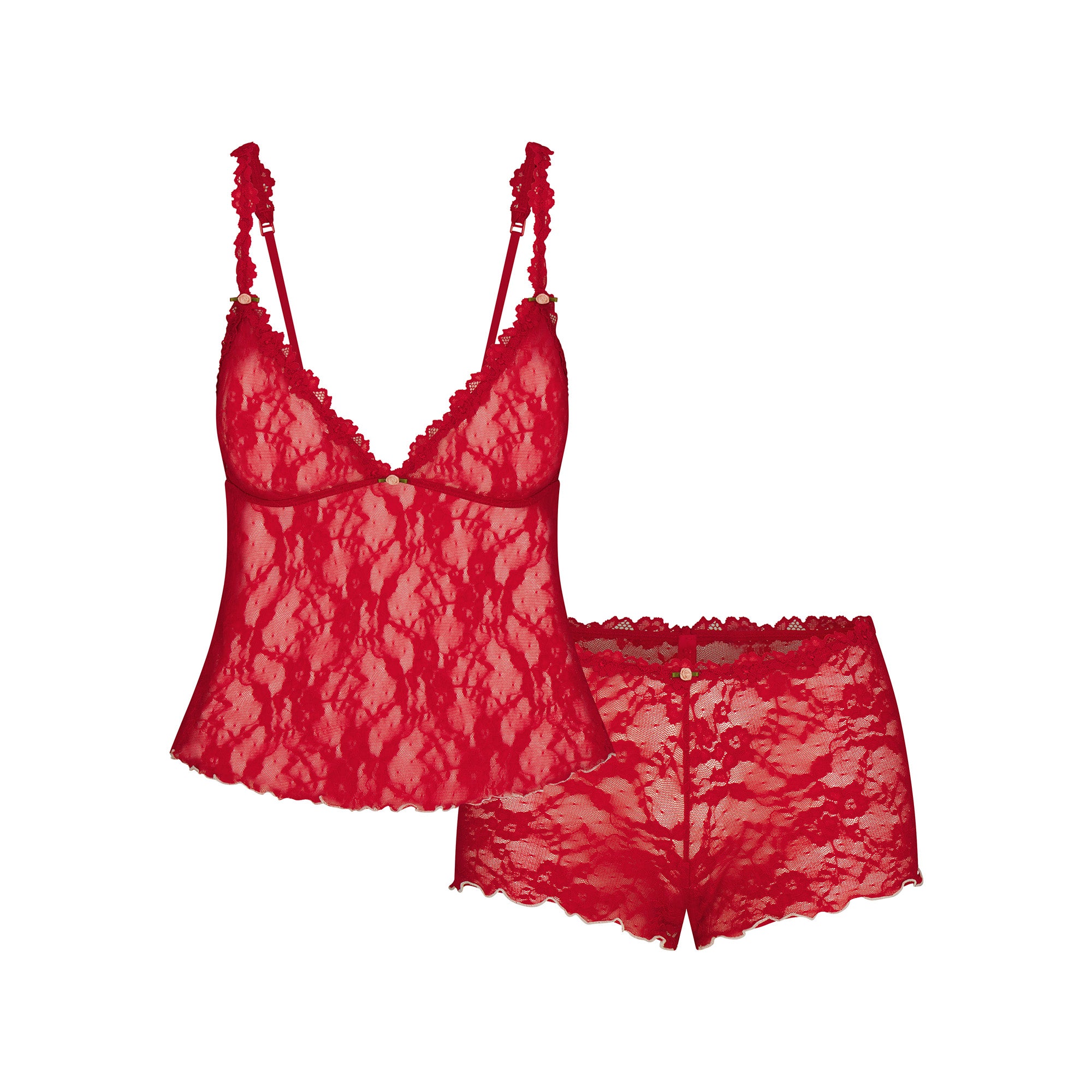 STRETCH LACE TRIANGLE CAMI AND SHORT SET | CRANBERRY