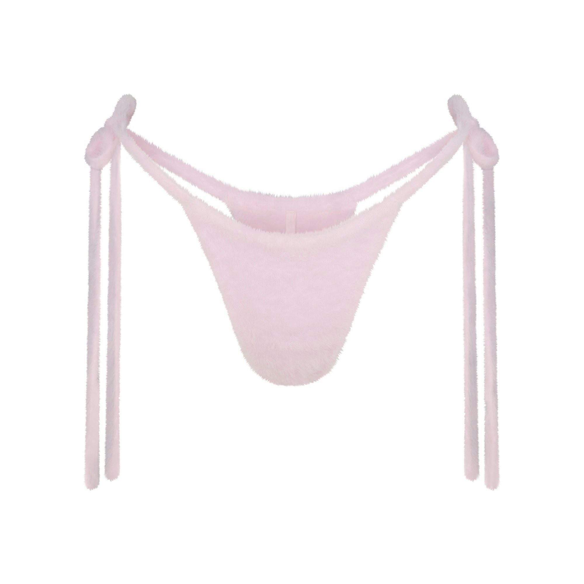 FUZZY KNITS SKIMPY BRALETTE AND TIE SIDE THONG SET | BABY PINK ON A MODEL FRONT VIEW