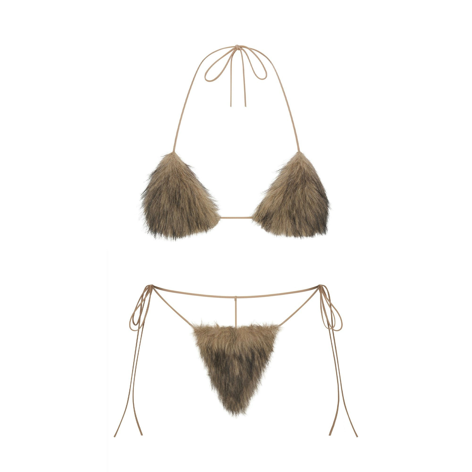 FAUX FUR TRIANGLE BRALETTE AND THONG SET | STONE (THONGS) FLAT ON A WHITE BACKGROUND | FLT