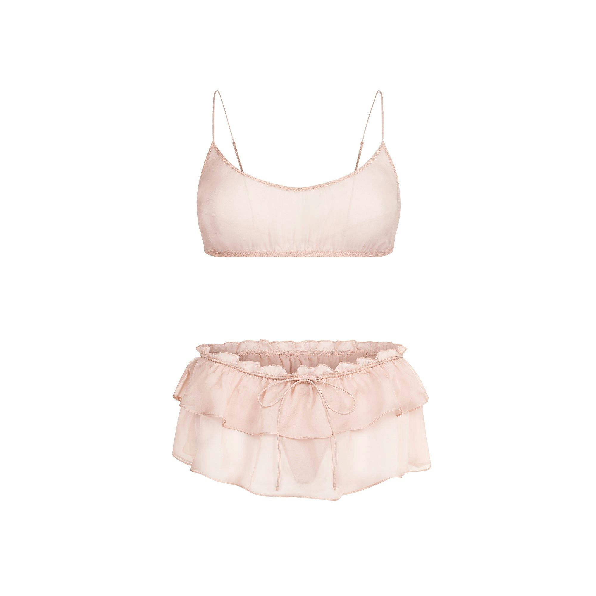 SKIMS ROMANCE BRALETTE AND SKIRT SET | LIGHT FAWN FLAT ON A WHITE BACKGROUND | FLT