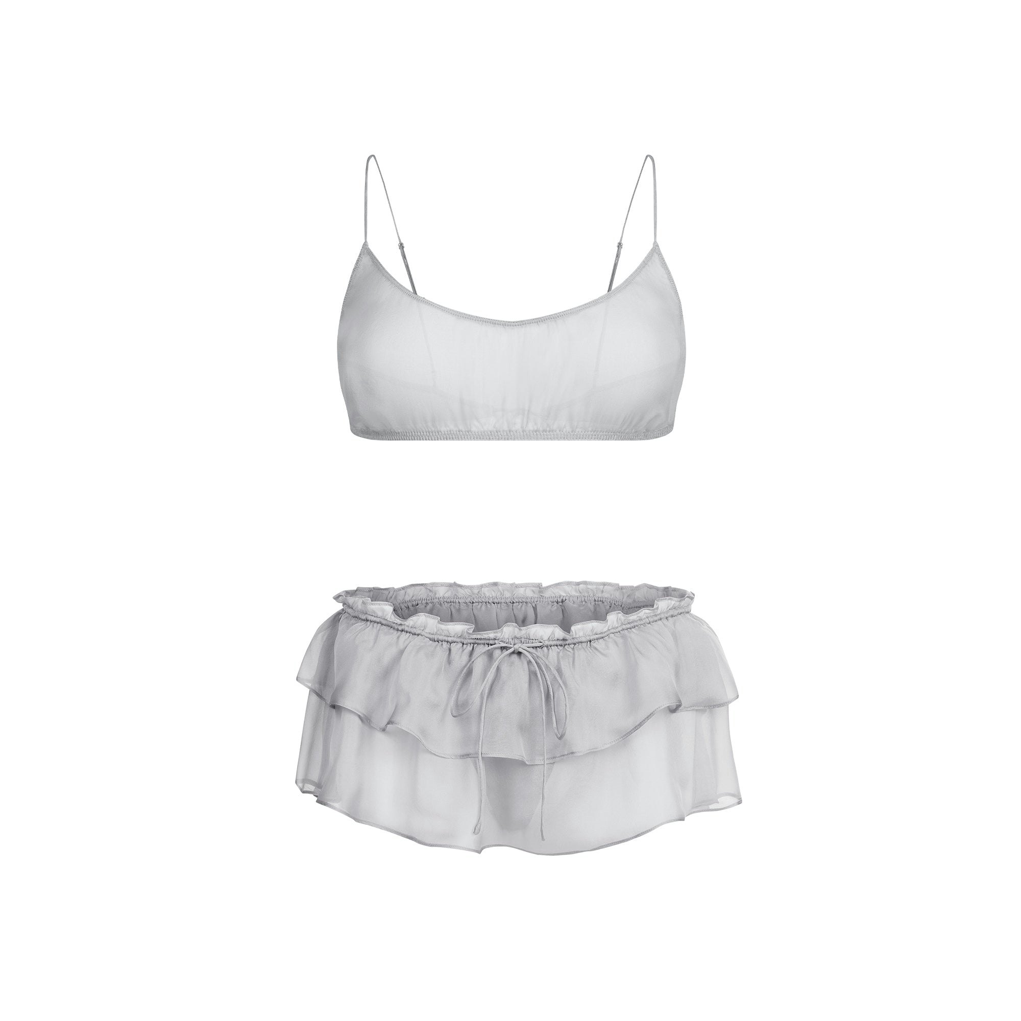 SKIMS ROMANCE BRALETTE AND SKIRT SET | MIRROR FLAT ON A WHITE BACKGROUND | FLT