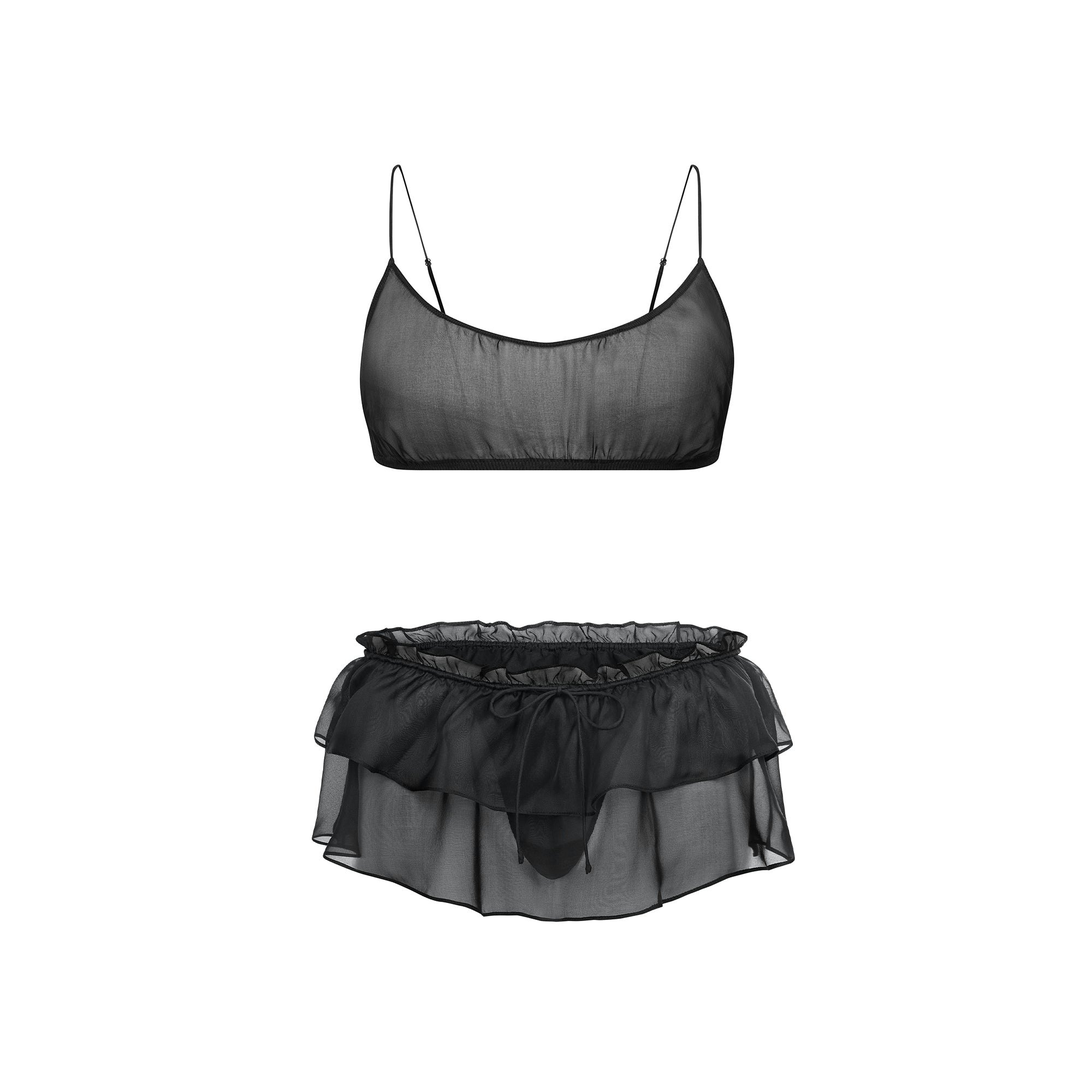 SKIMS ROMANCE BRALETTE AND SKIRT SET | OBSIDIAN FLAT ON A WHITE BACKGROUND | FLT
