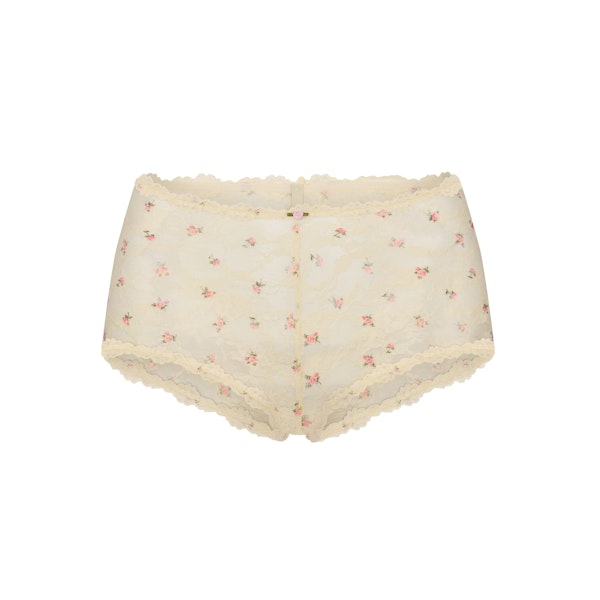 STRETCH LACE BOY SHORT | BUTTER ROSEBUD PRINT FLAT ON A WHITE BACKGROUND | FLT