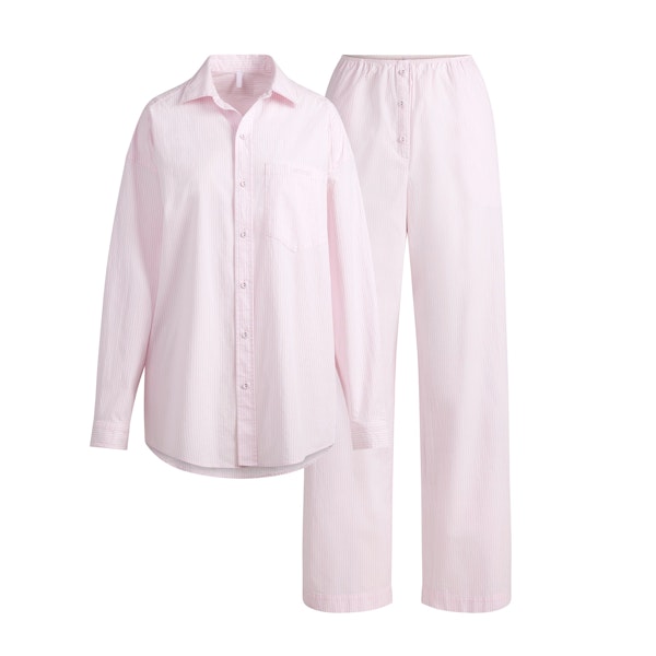 COTTON POPLIN OVERSIZED SLEEP SET | CHERRY BLOSSOM STRIPE FLAT ON A WHITE BACKGROUND | FLT