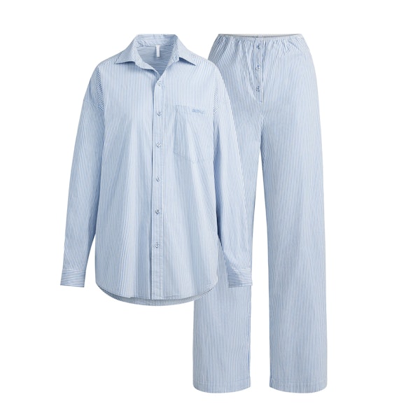 COTTON POPLIN OVERSIZED SLEEP SET | CADET STRIPE FLAT ON A WHITE BACKGROUND | FLT
