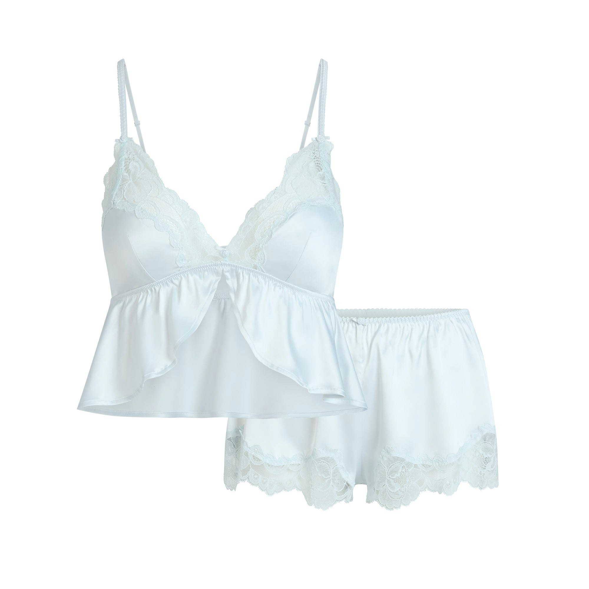 WOVEN SHINE LACE BABYDOLL AND SHORT SET | CLOUD FLAT ON A WHITE BACKGROUND | FLT