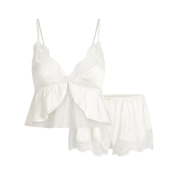 WOVEN SHINE LACE BABYDOLL AND SHORT SET | IVORY FLAT ON A WHITE BACKGROUND | FLT
