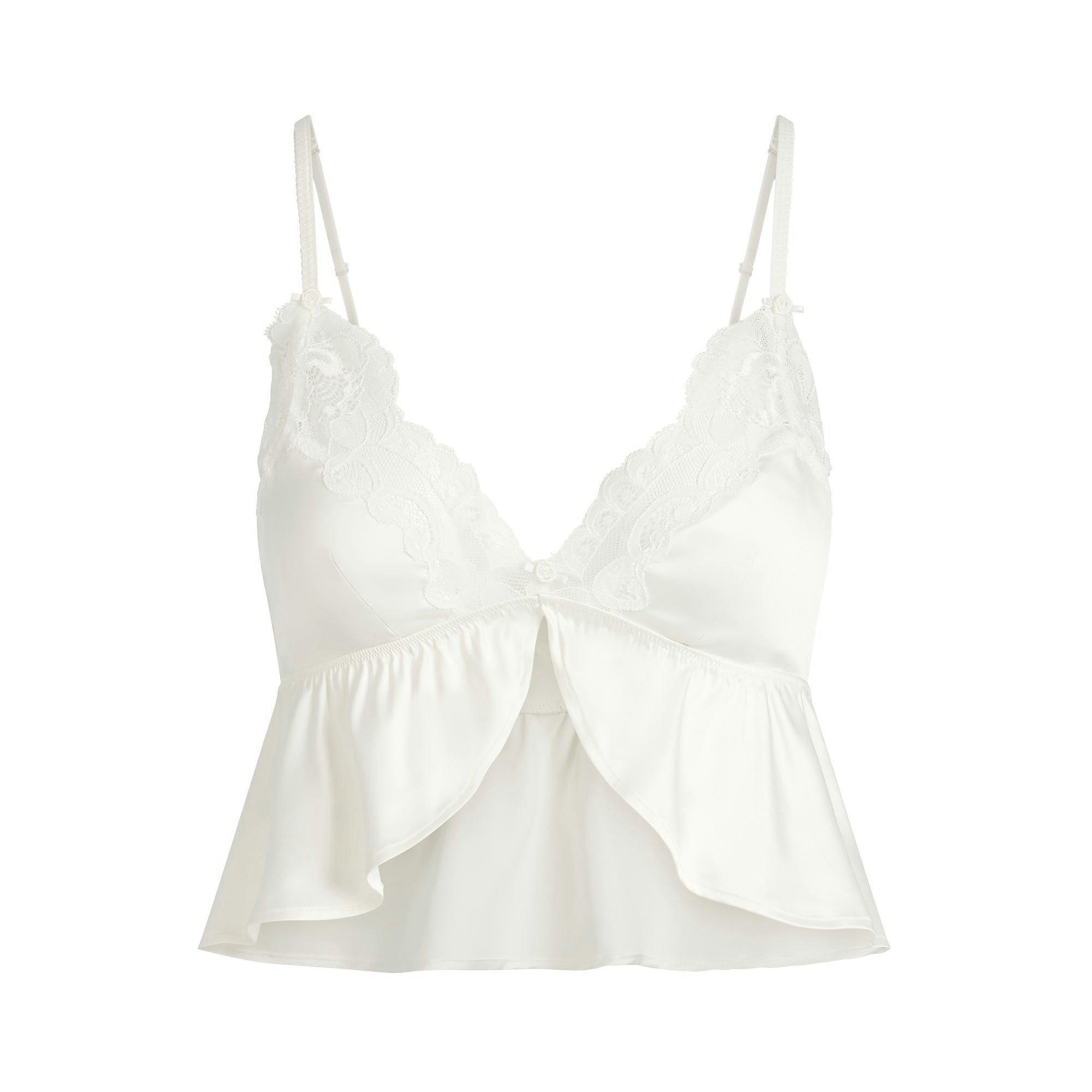 WOVEN SHINE LACE BABYDOLL AND SHORT SET | IVORY FLAT ON A WHITE BACKGROUND