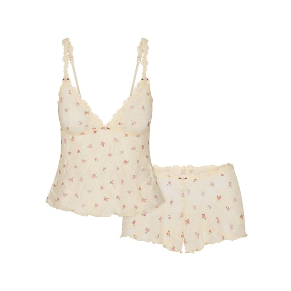 STRETCH LACE TRIANGLE CAMI AND SHORT SET | BUTTER ROSEBUD PRINT FLAT ON A WHITE BACKGROUND | FLT