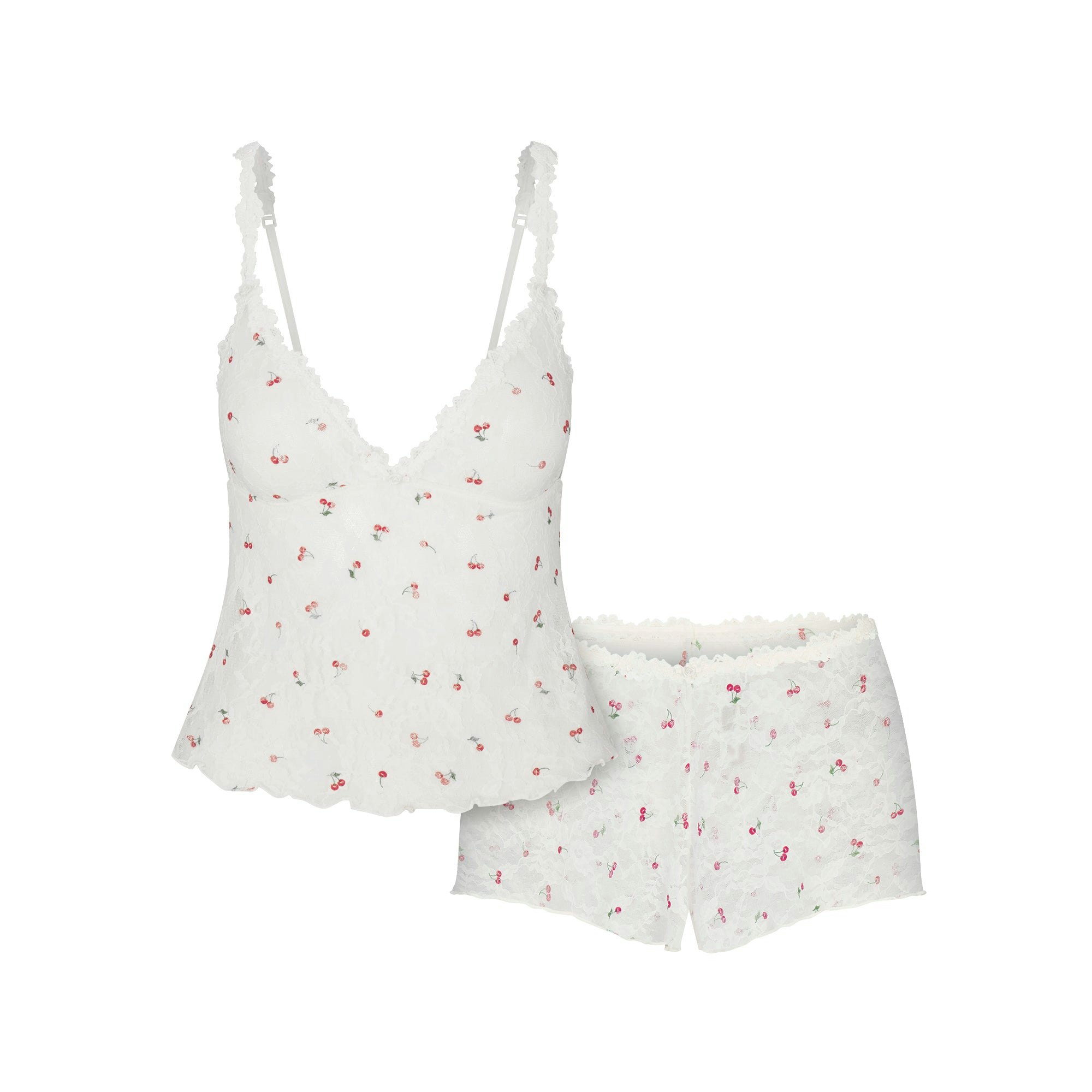 STRETCH LACE TRIANGLE CAMI AND SHORT SET | IVORY CHERRY PRINT FLAT ON A WHITE BACKGROUND | FLT