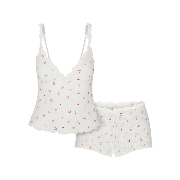 STRETCH LACE TRIANGLE CAMI AND SHORT SET | IVORY CHERRY PRINT FLAT ON A WHITE BACKGROUND | FLT