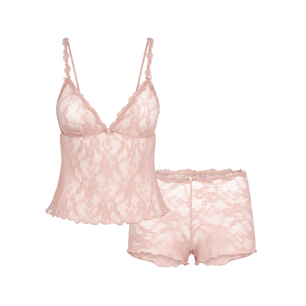 STRETCH LACE TRIANGLE CAMI AND SHORT SET | MORGANITE FLAT ON A WHITE BACKGROUND | FLT