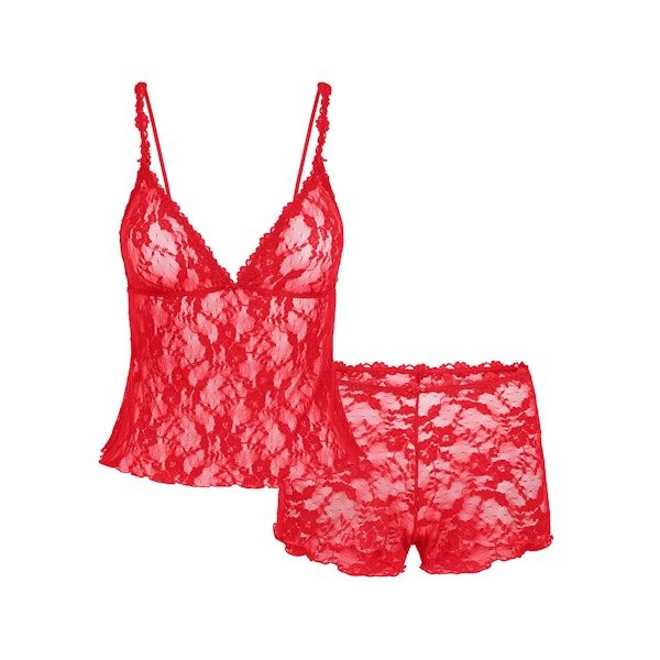 STRETCH LACE TRIANGLE CAMI AND SHORT SET | RED FLAT ON A WHITE BACKGROUND | FLT
