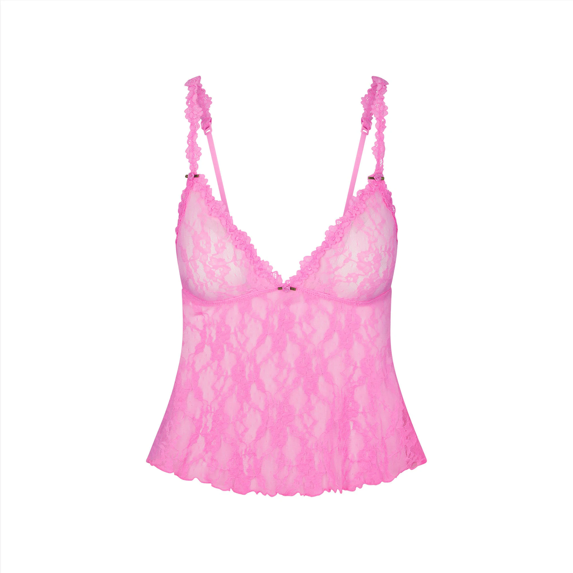 STRETCH LACE TRIANGLE CAMI AND SHORT SET | SUGAR PINK FLAT ON A WHITE BACKGROUND | FLT