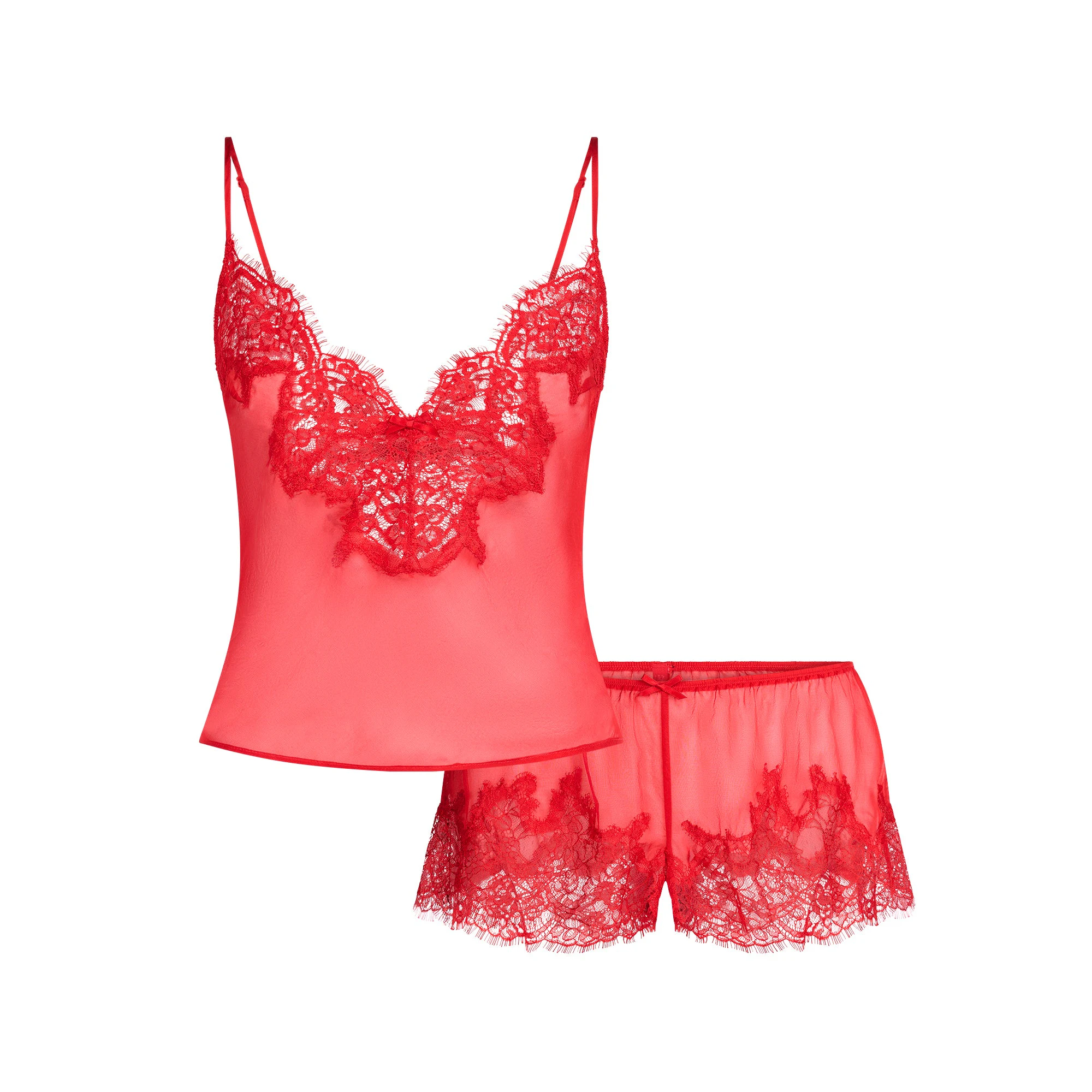 SKIMS ROMANCE LACE CAMI AND SHORT SET | CRANBERRY FLAT ON A WHITE BACKGROUND | FLT