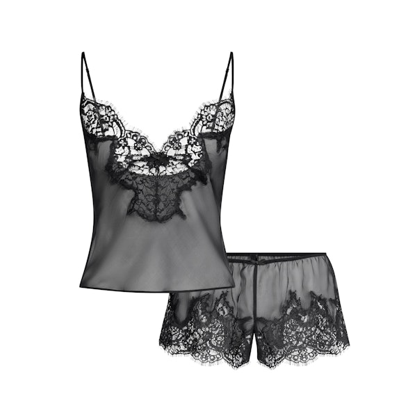 SKIMS ROMANCE LACE CAMI AND SHORT SET | ONYX FLAT ON A WHITE BACKGROUND | FLT
