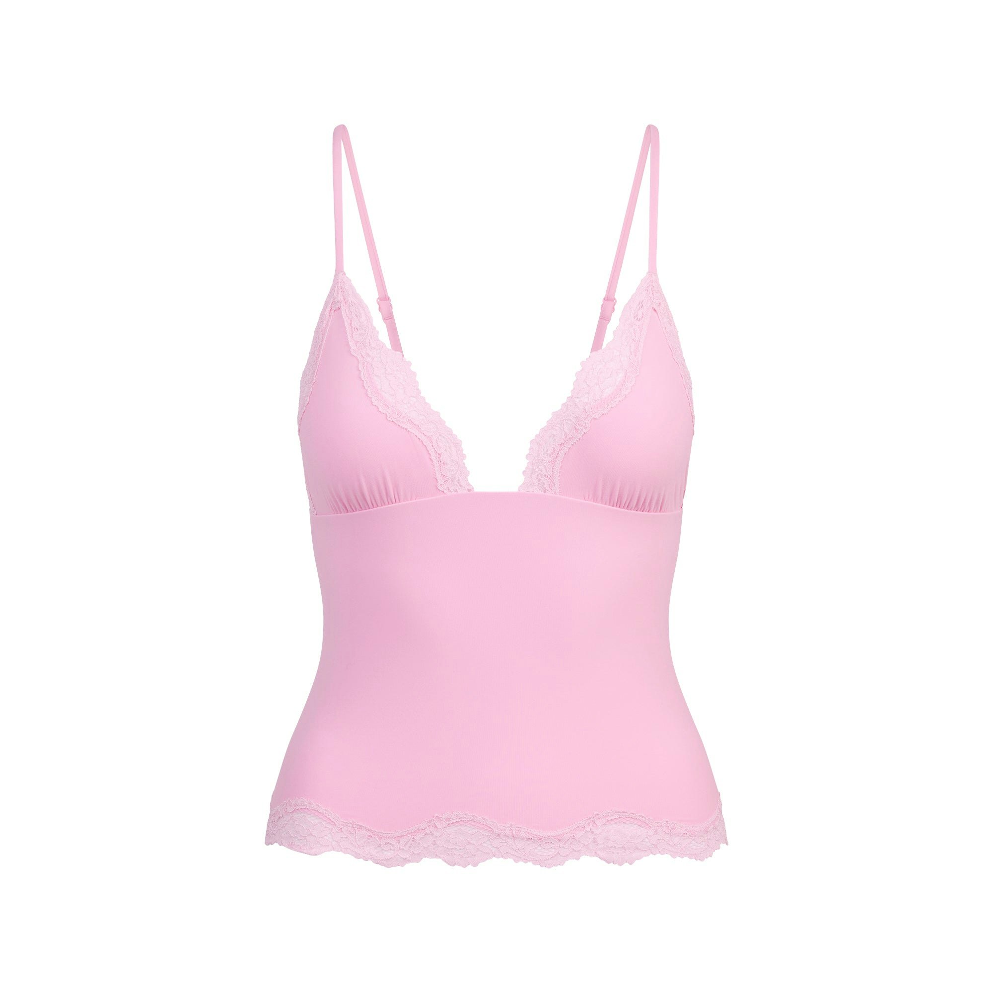 FITS EVERYBODY LACE TRIANGLE CAMI AND BOY SHORT SET | BUBBLE GUM TONAL FLAT ON A WHITE BACKGROUND | FLT