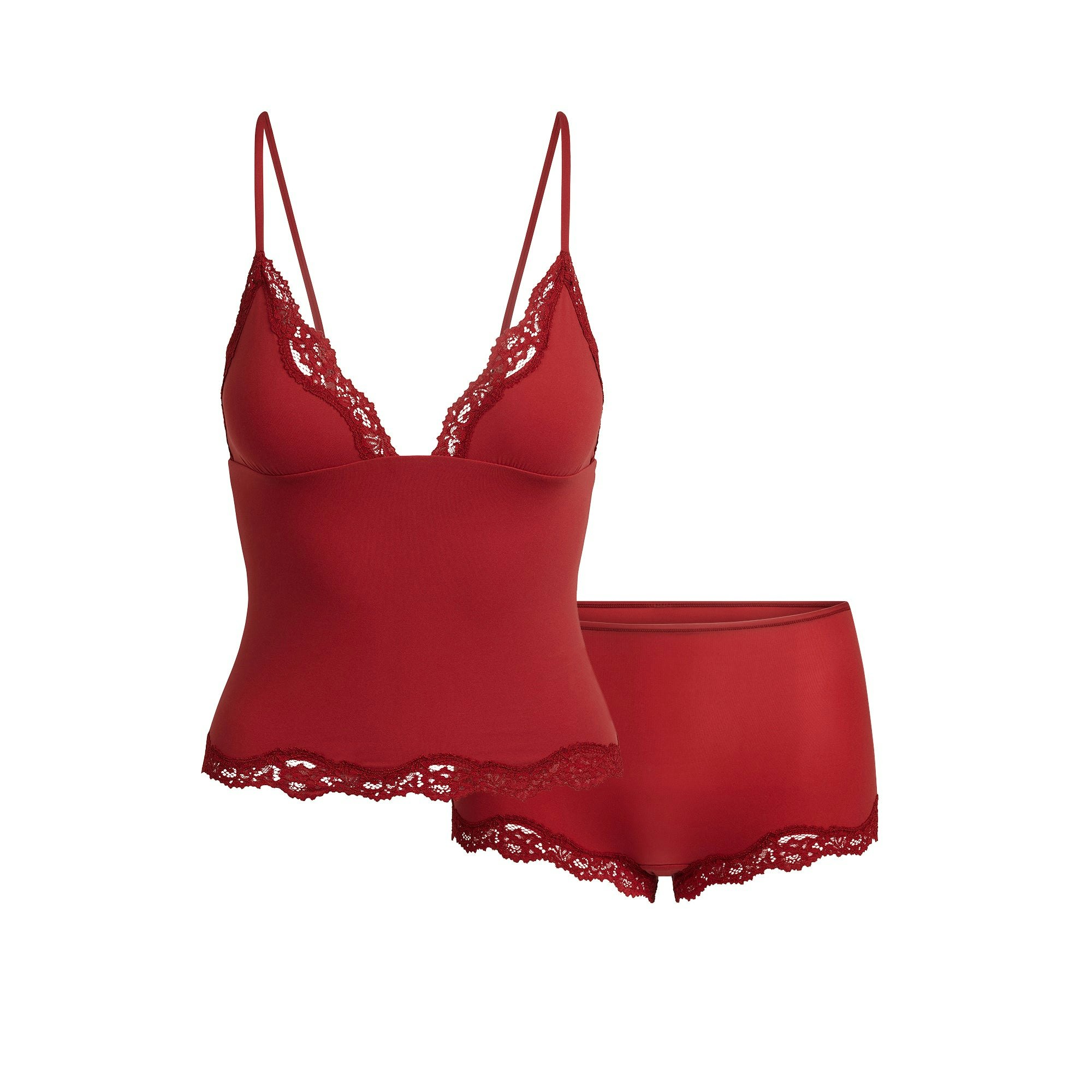 FITS EVERYBODY LACE TRIANGLE CAMI AND BOY SHORT SET | BRICK FLAT ON A WHITE BACKGROUND | FLT