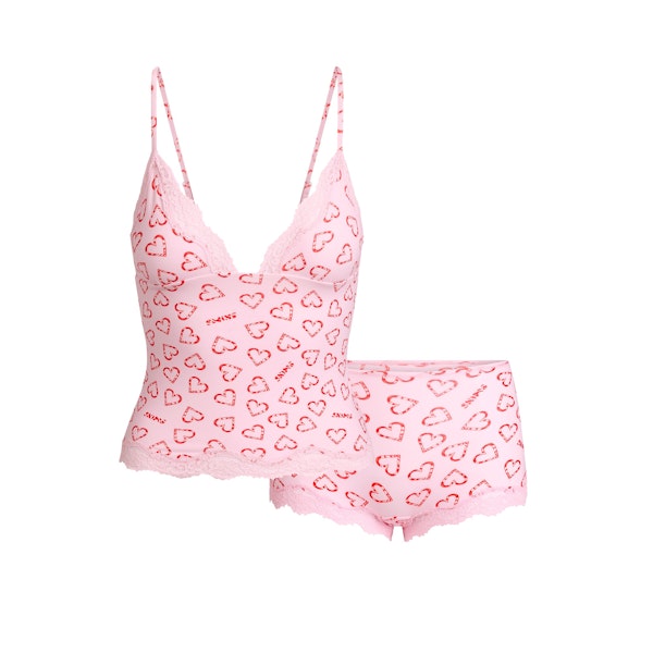 FITS EVERYBODY LACE TRIANGLE CAMI AND BOY SHORT SET | CHERRY BLOSSOM CANDY HEART PRINT FLAT ON A WHITE BACKGROUND | FLT