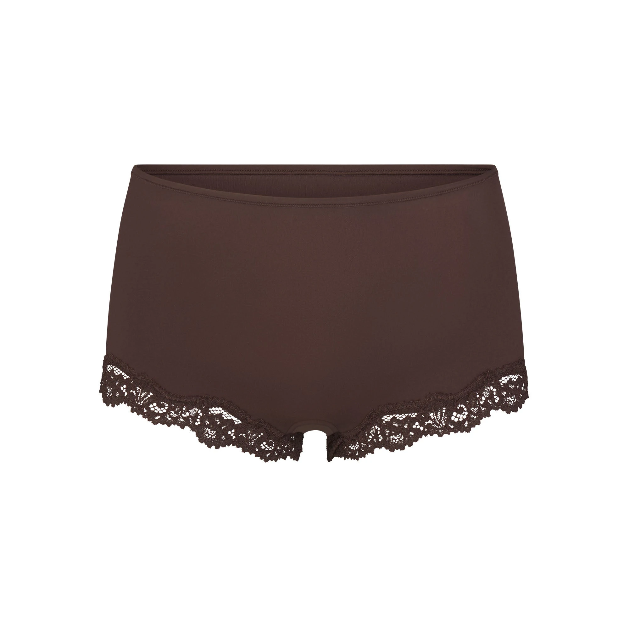 FITS EVERYBODY LACE TRIANGLE CAMI AND BOY SHORT SET | ESPRESSO FLAT ON A WHITE BACKGROUND | FLT