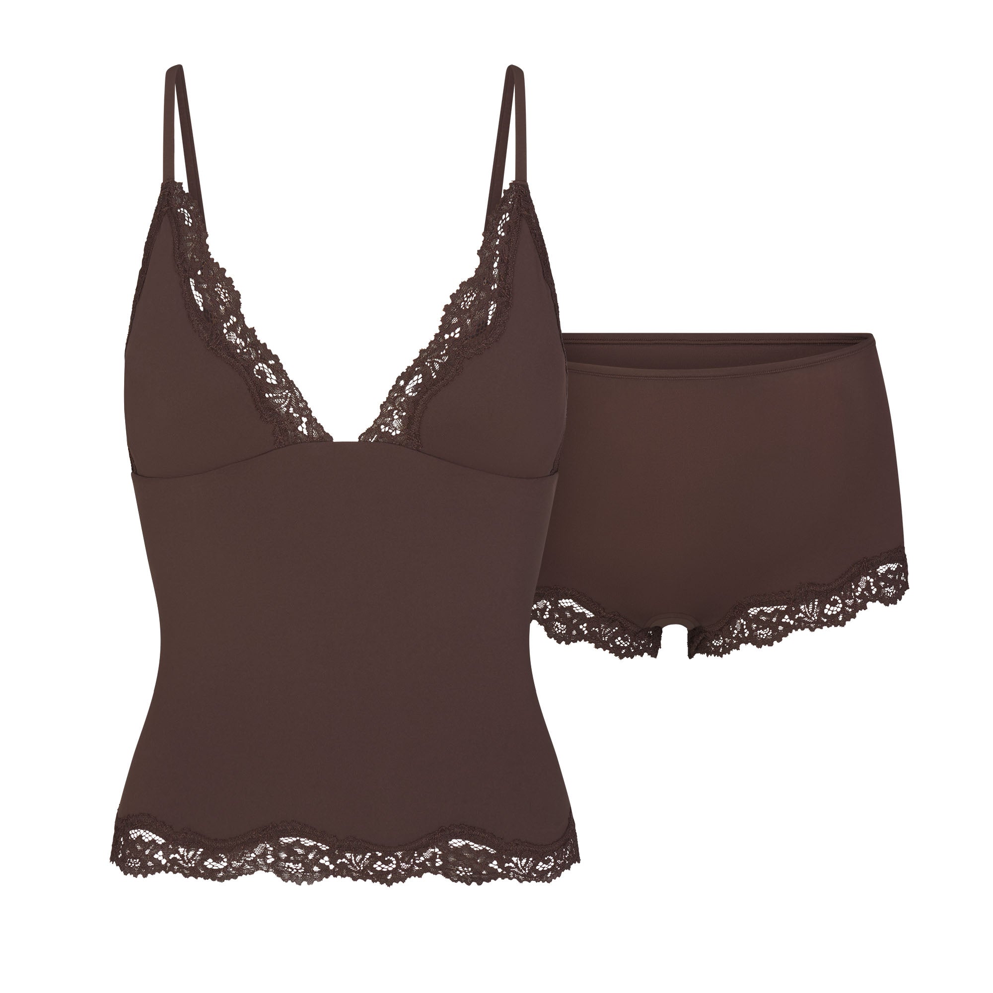 FITS EVERYBODY LACE TRIANGLE CAMI AND BOY SHORT SET | ESPRESSO FLAT ON A WHITE BACKGROUND | FLT