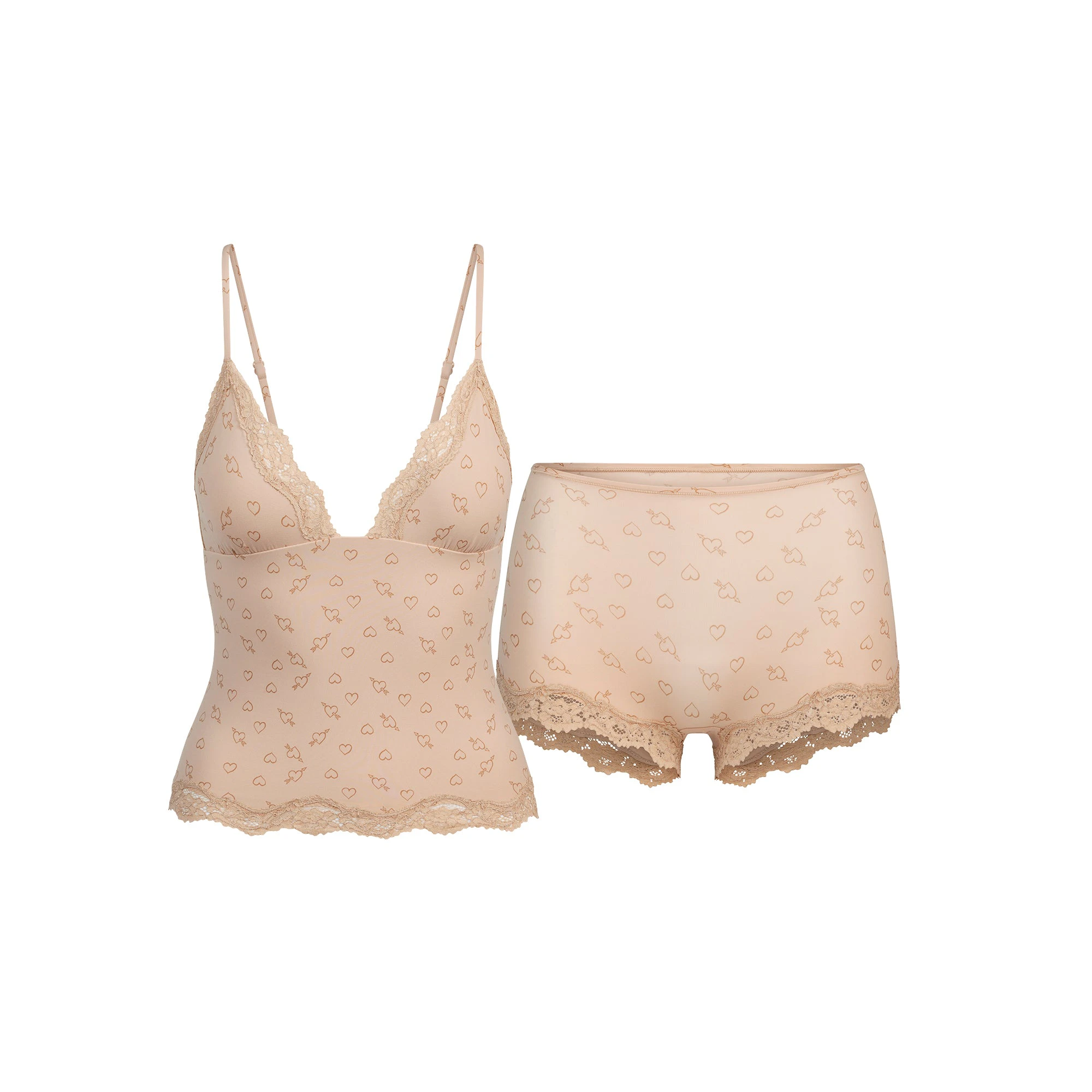 FITS EVERYBODY LACE TRIANGLE CAMI AND BOY SHORT SET | MICA SKETCHED HEARTS FLAT ON A WHITE BACKGROUND | FLT