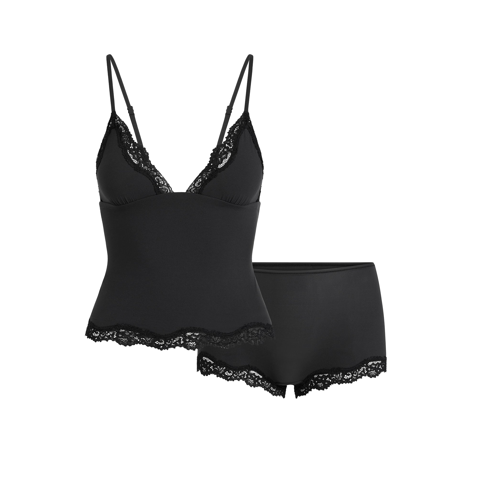 FITS EVERYBODY LACE TRIANGLE CAMI AND BOY SHORT SET | ONYX FLAT ON A WHITE BACKGROUND | FLT
