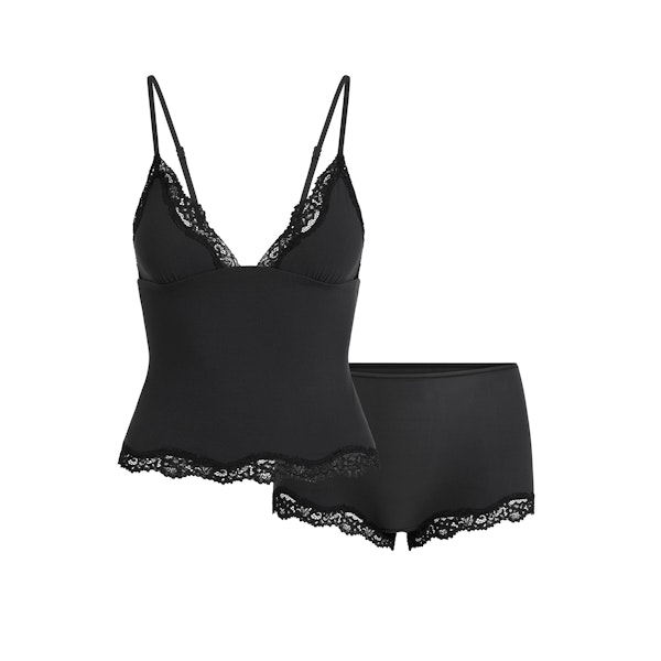 FITS EVERYBODY LACE TRIANGLE CAMI AND BOY SHORT SET | ONYX FLAT ON A WHITE BACKGROUND | FLT
