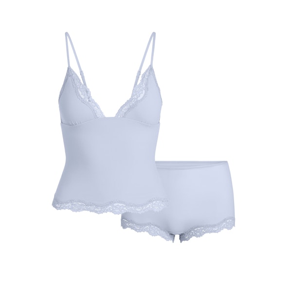 FITS EVERYBODY LACE TRIANGLE CAMI AND BOY SHORT SET | PERIWINKLE FOIL FLAT ON A WHITE BACKGROUND | FLT