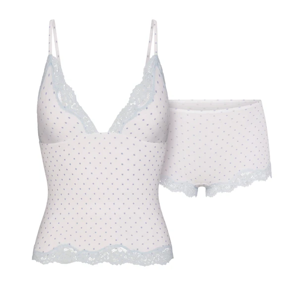 FITS EVERYBODY LACE TRIANGLE CAMI AND BOY SHORT SET | SLATE PIN DOT PRINT FLAT ON A WHITE BACKGROUND | FLT