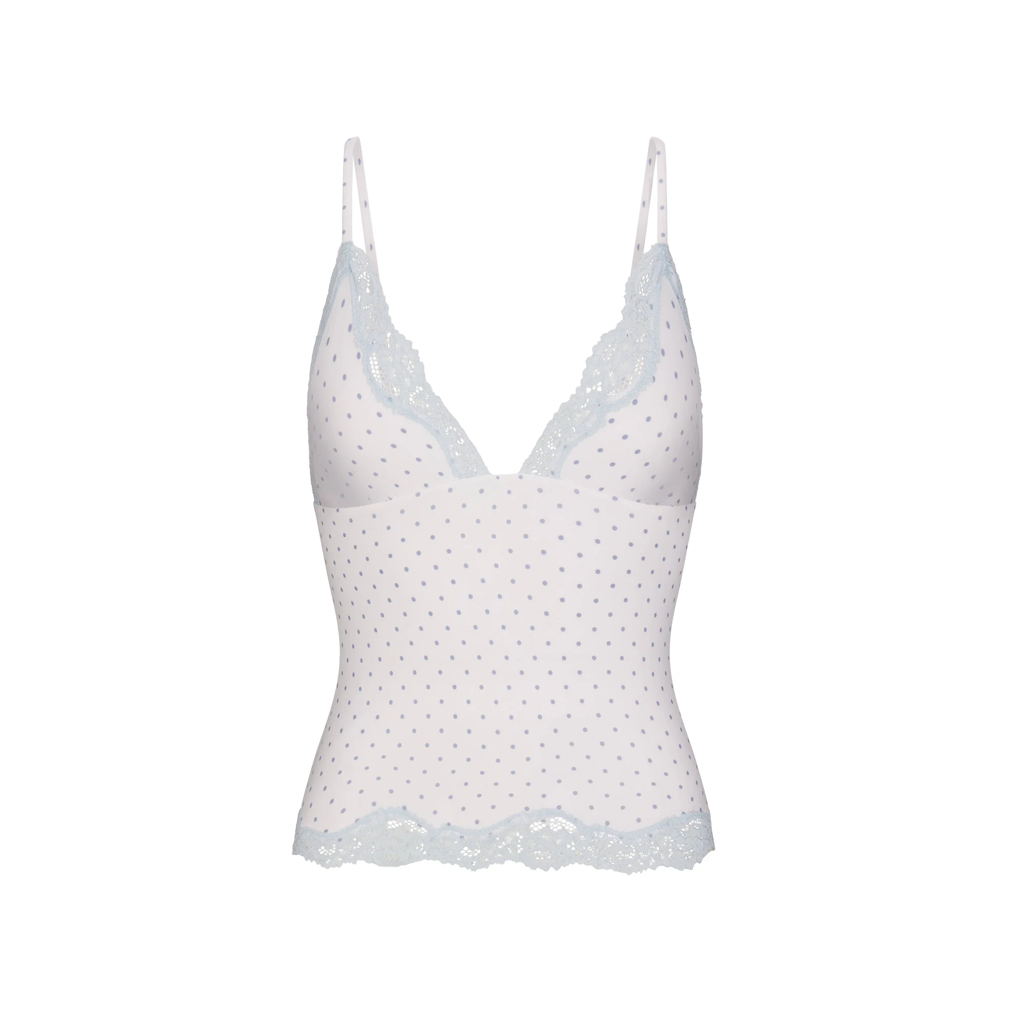 FITS EVERYBODY LACE TRIANGLE CAMI AND BOY SHORT SET | SLATE PIN DOT PRINT FLAT ON A WHITE BACKGROUND | FLT