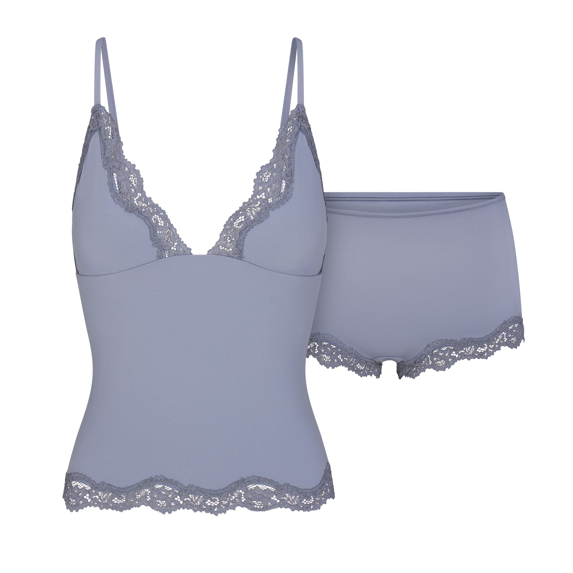 FITS EVERYBODY LACE CAMI AND BOY SHORT SET | SLATE TONAL & LAYS FLAT ON A WHITE BACKGROUND | FLT
