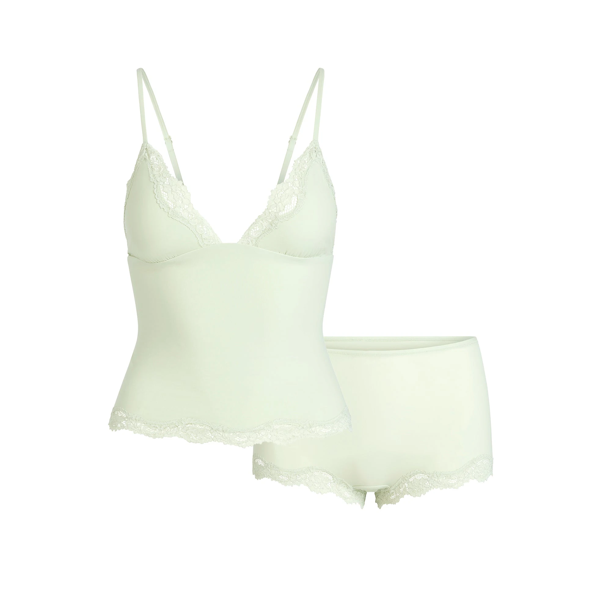 FITS EVERYBODY LACE TRIANGLE CAMI AND BOY SHORT SET | SPEARMINT FLAT ON A WHITE BACKGROUND | FLT