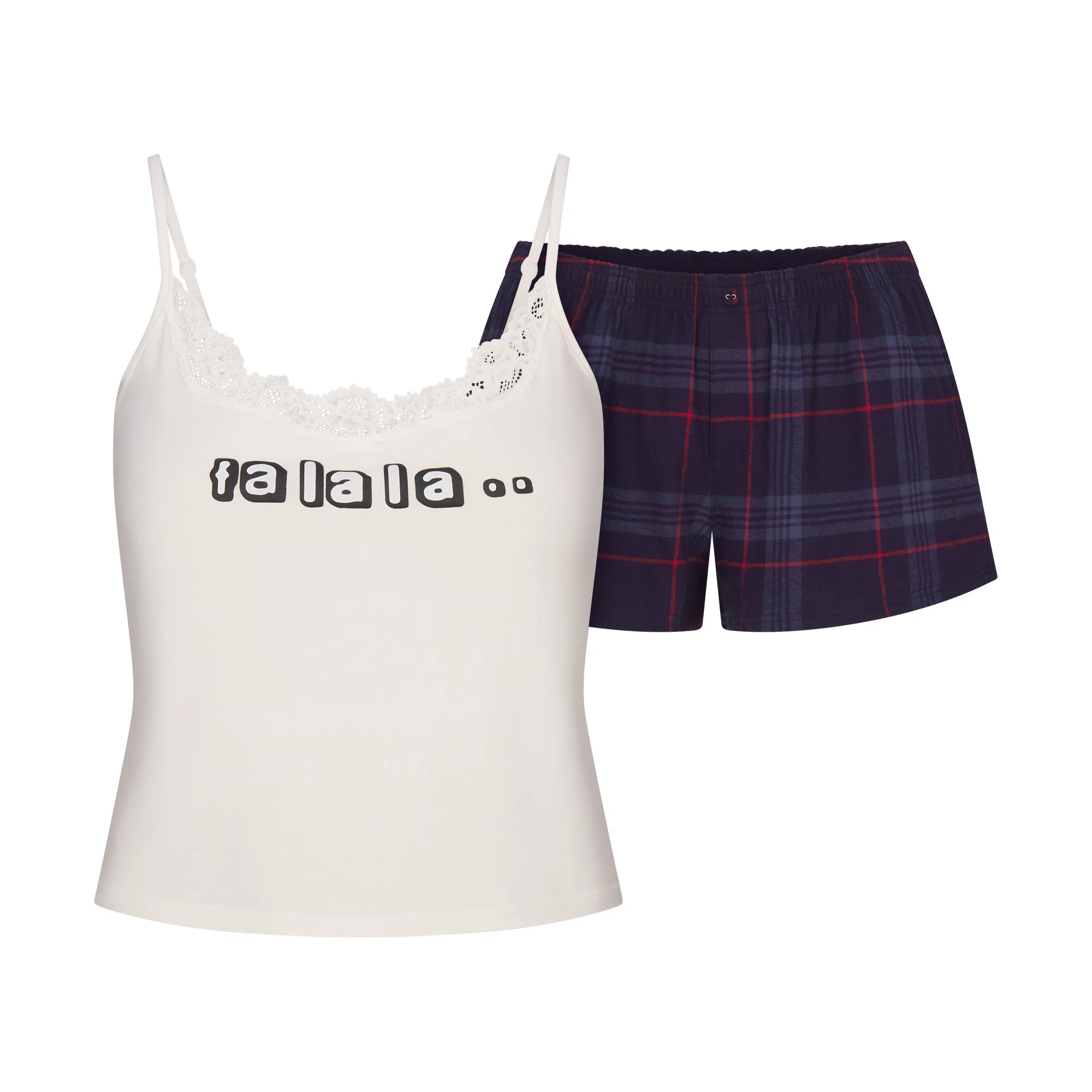 CACTUS PLANT FLEA MARKET X SKIMS SKIMS SLEEP LACE TANK AND FLANNEL SHORT SET | MARBLE FA LA LA PRINT FLAT ON A WHITE BACKGROUND | FLT