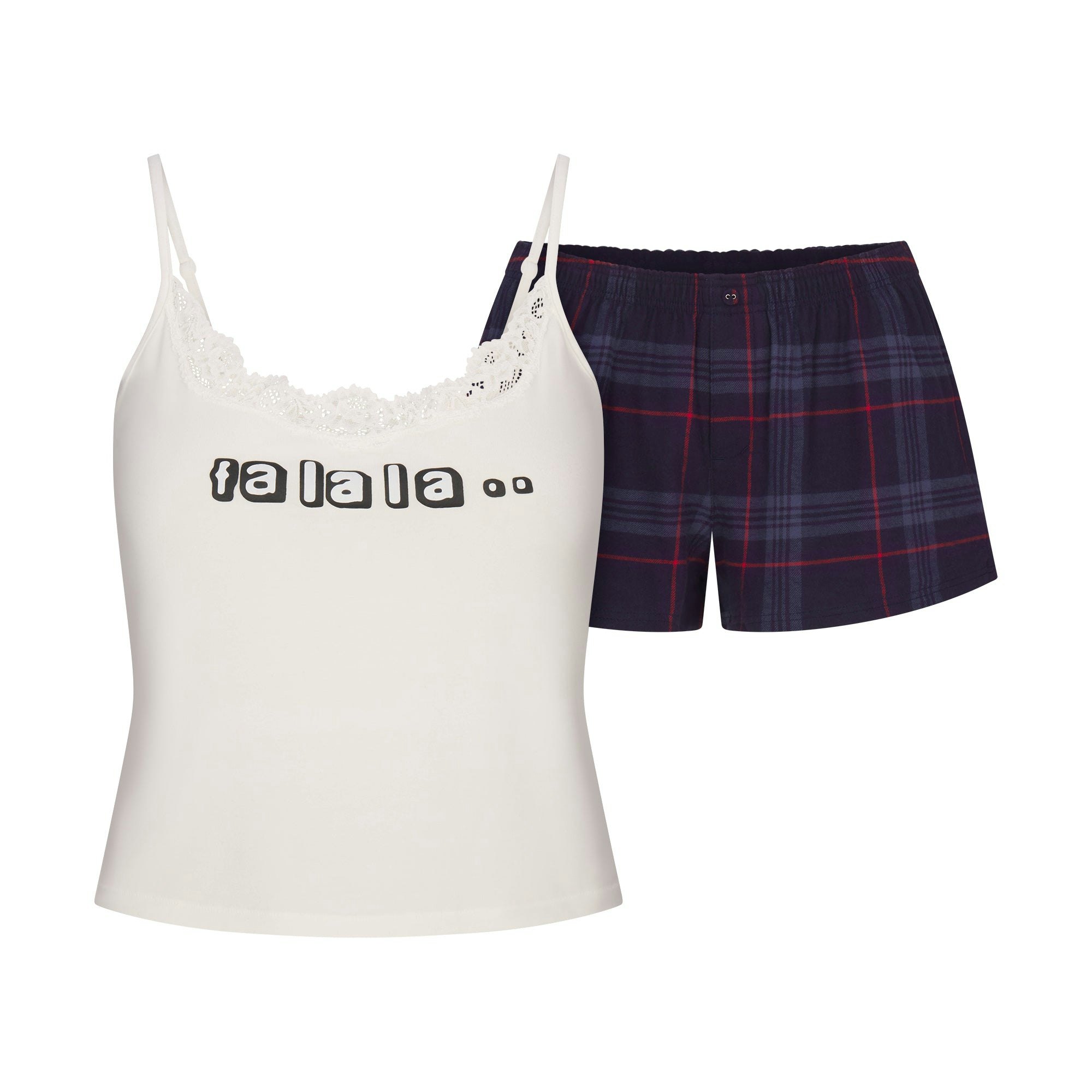 CACTUS PLANT FLEA MARKET X SKIMS SKIMS SLEEP LACE TANK AND FLANNEL SHORT SET | MARBLE FA LA LA PRINT FLAT ON A WHITE BACKGROUND | FLT