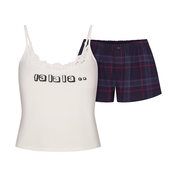 CACTUS PLANT FLEA MARKET X SKIMS SKIMS SLEEP LACE TANK AND FLANNEL SHORT SET | MARBLE FA LA LA PRINT FLAT ON A WHITE BACKGROUND | FLT