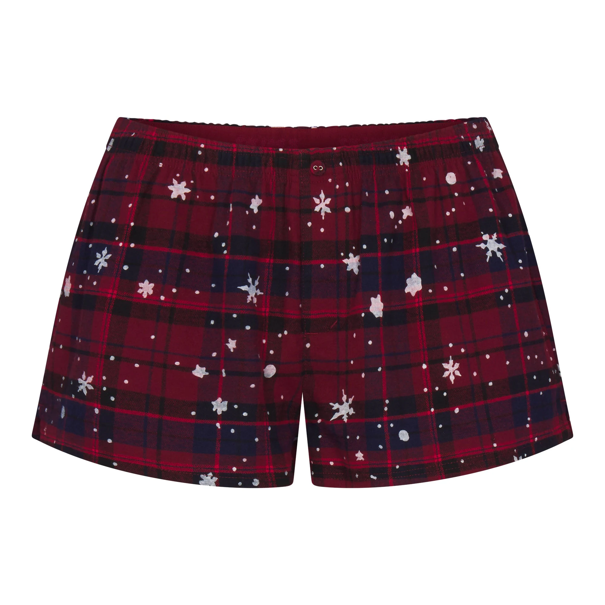 CACTUS PLANT FLEA MARKET X SKIMS SKIMS SLEEP LACE TANK AND FLANNEL SHORT SET | MERLOT UNWRAP ME SNOW PRINT FLAT ON A WHITE BACKGROUND