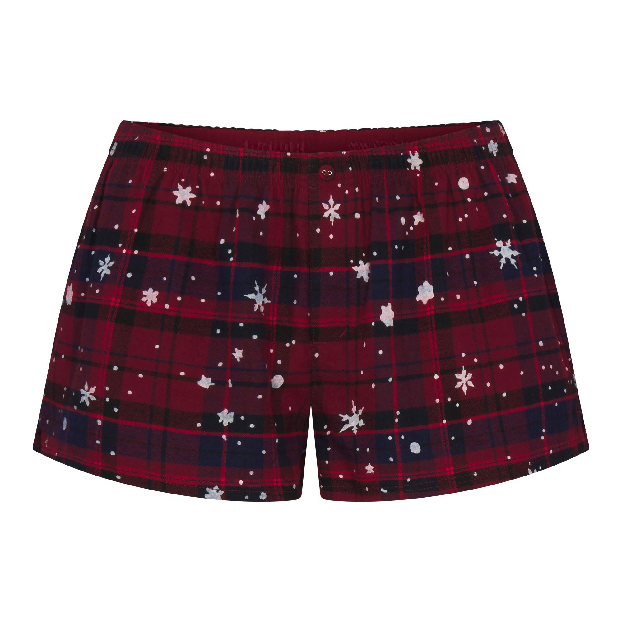 CACTUS PLANT FLEA MARKET X SKIMS SKIMS SLEEP LACE TANK AND FLANNEL SHORT SET | MERLOT UNWRAP ME SNOW PRINT FLAT ON A WHITE BACKGROUND