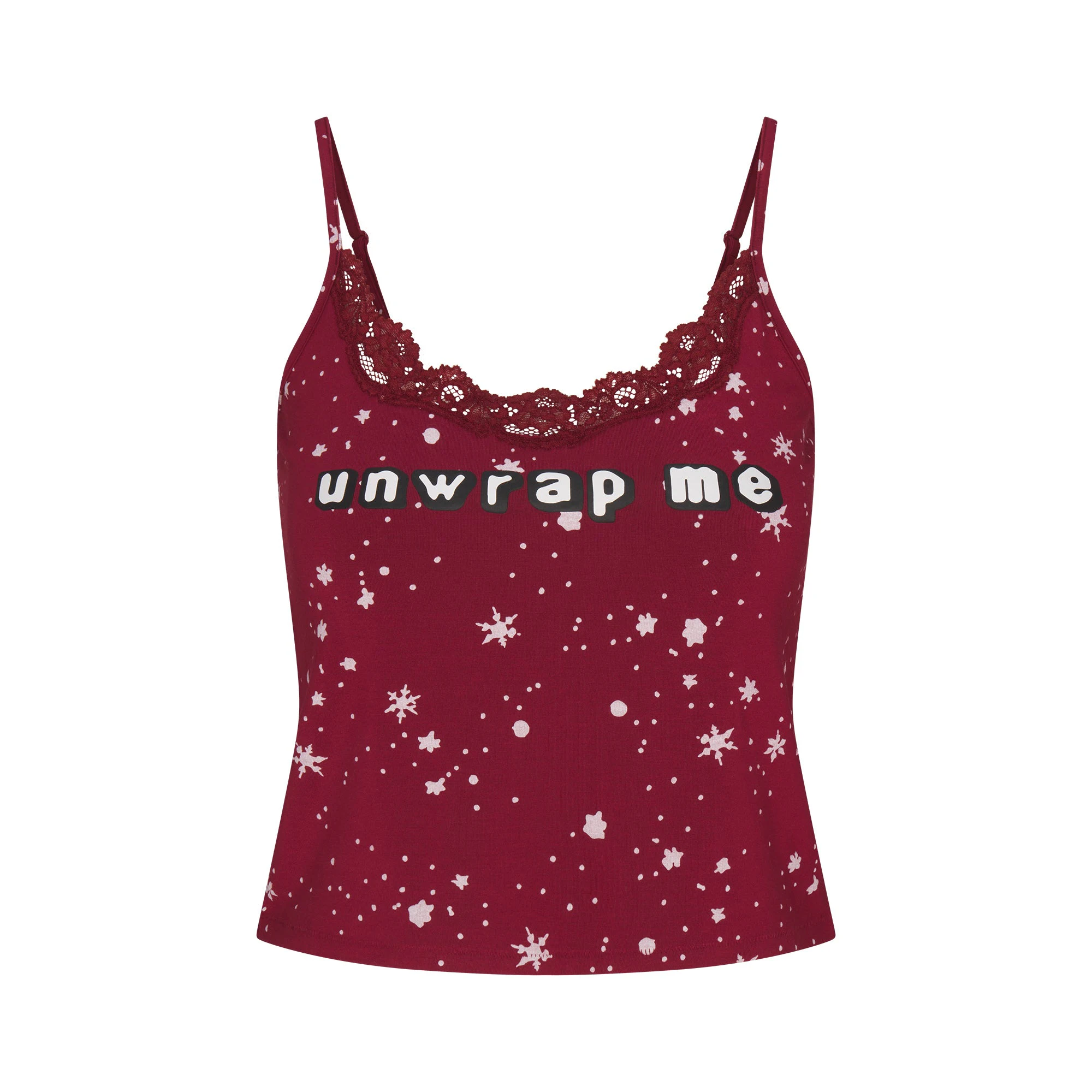 CACTUS PLANT FLEA MARKET X SKIMS SKIMS SLEEP LACE TANK AND FLANNEL SHORT SET | MERLOT UNWRAP ME SNOW PRINT FLAT ON A WHITE BACKGROUND