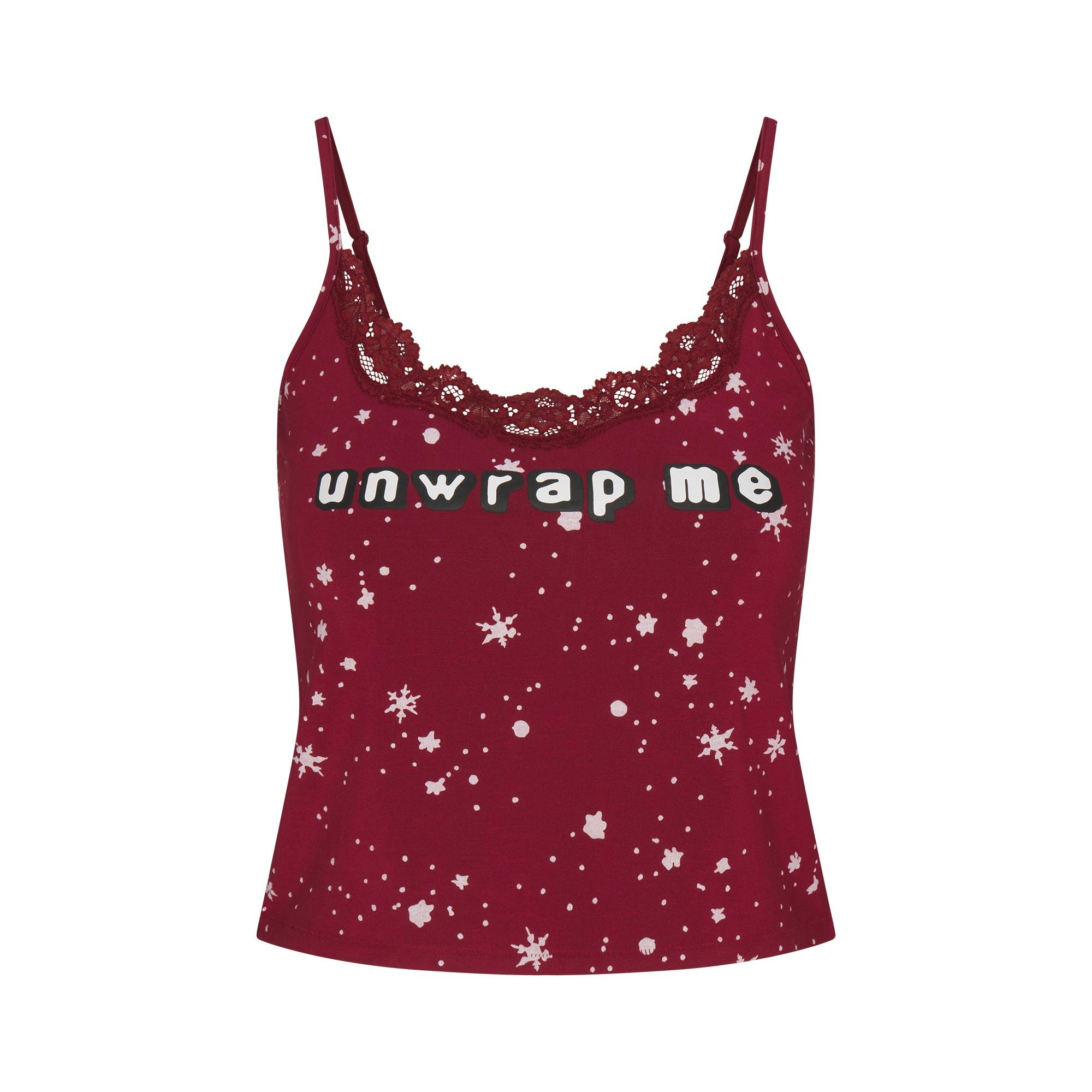 CACTUS PLANT FLEA MARKET X SKIMS SKIMS SLEEP LACE TANK AND FLANNEL SHORT SET | MERLOT UNWRAP ME SNOW PRINT FLAT ON A WHITE BACKGROUND