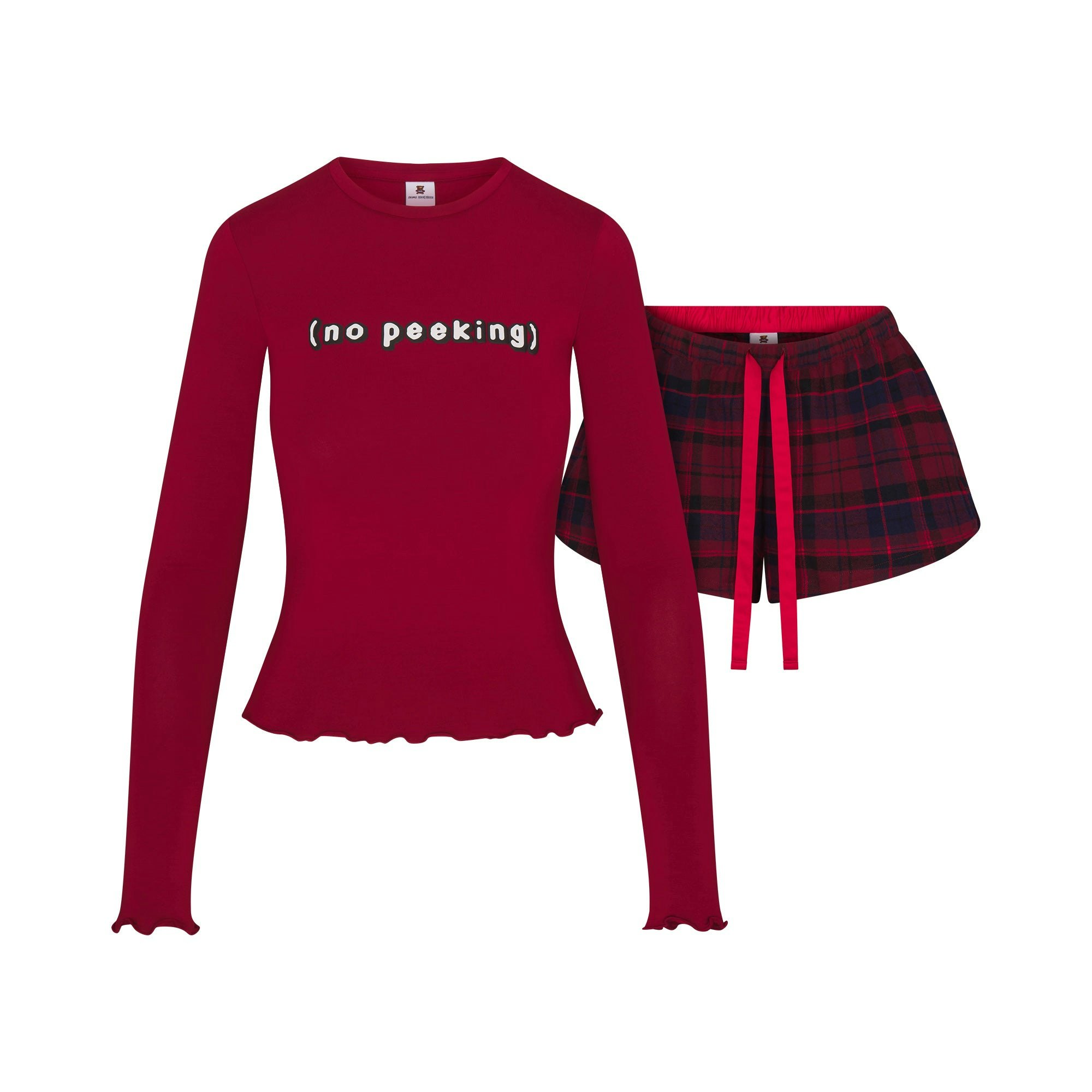 CACTUS PLANT FLEA MARKET X SKIMS SKIMS SLEEP FLANNEL SHORT SET | BRICK NO PEEKING PRINT FLAT ON A WHITE BACKGROUND | FLT